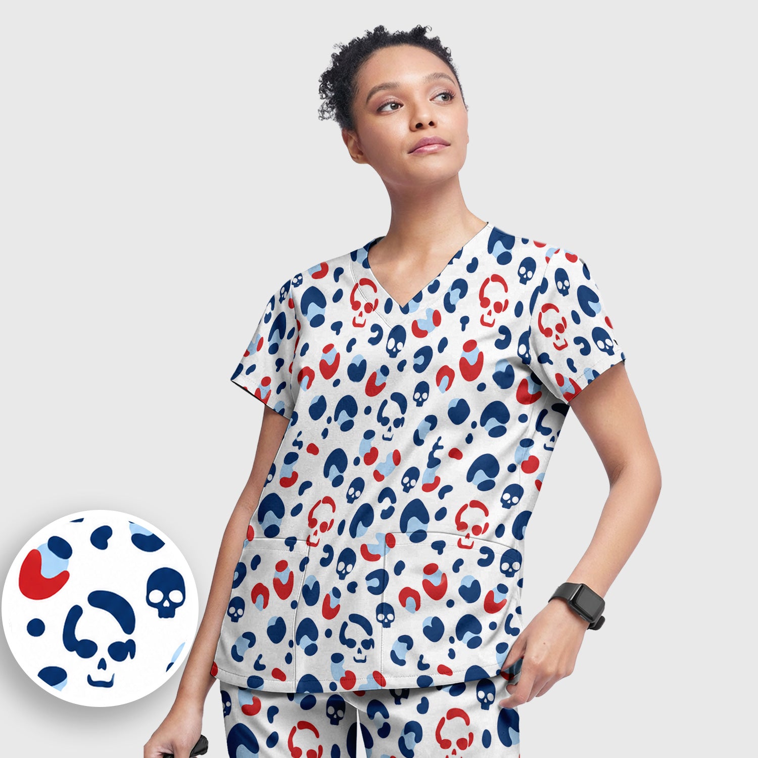 Red Blue Skull Leopard Pattern Scrub Set, Scrub Pants and V Neck Top