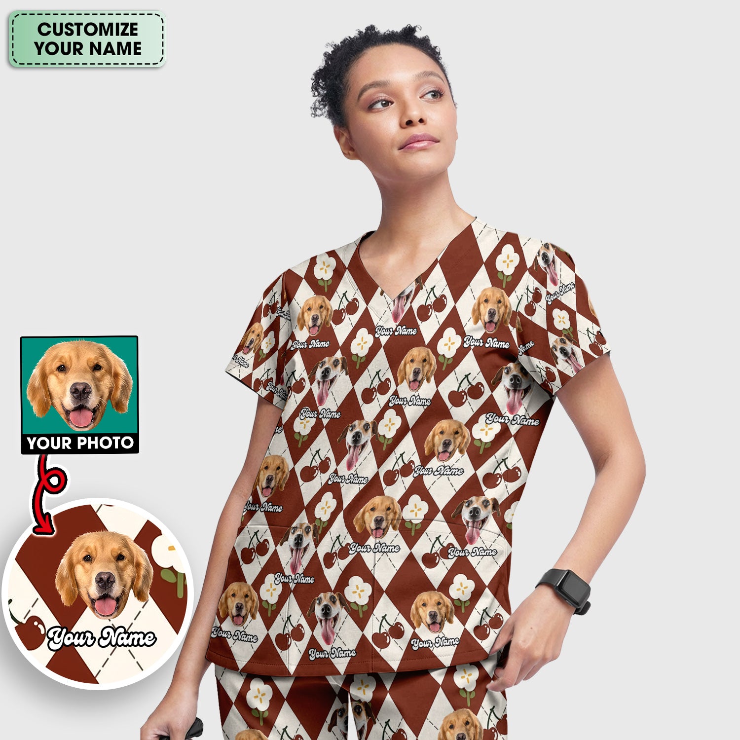 Custom Dog Face Scrub Set, Playful Dog Cherry Argyle Pattern Shirt, Breathable Fabrics Nursing Uniform