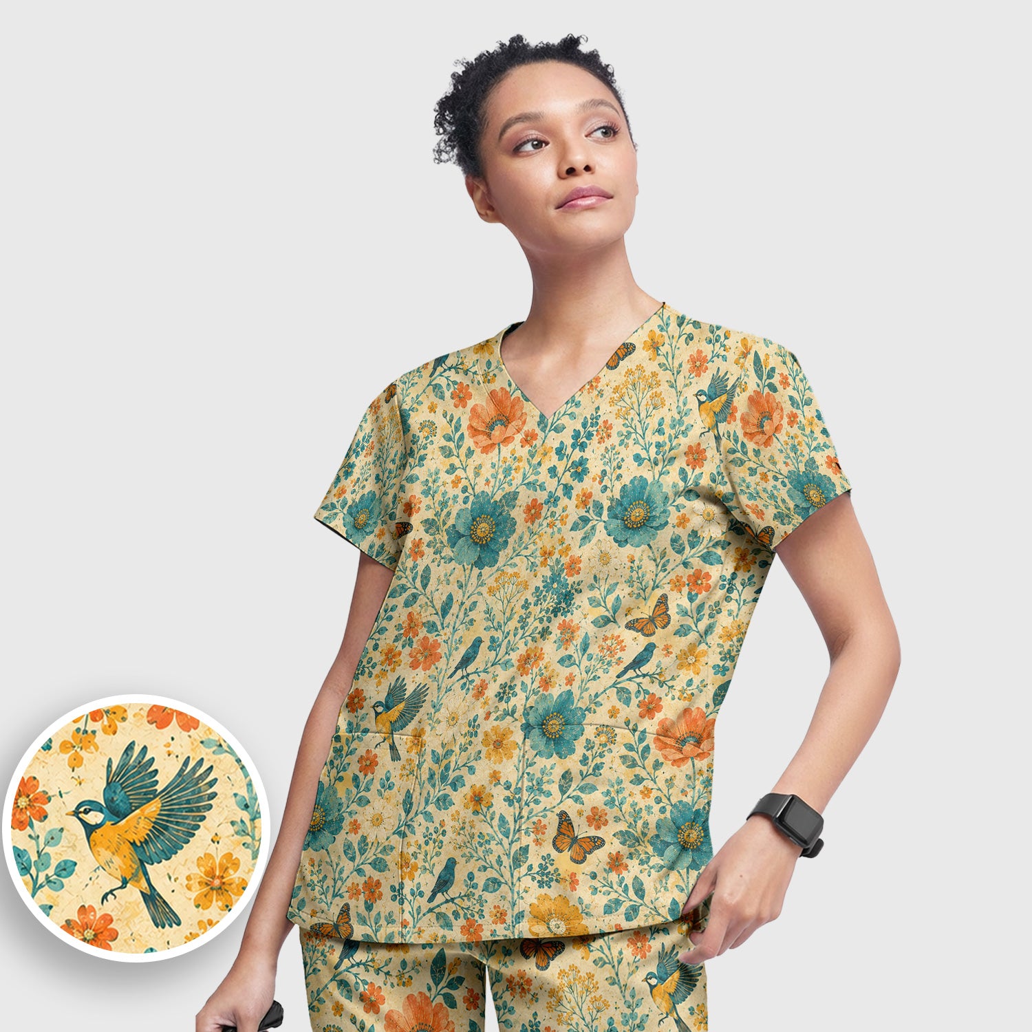 Vintage Floral Bird Butterfly Pattern Scrub Set, Scrub Pants and V Neck Top