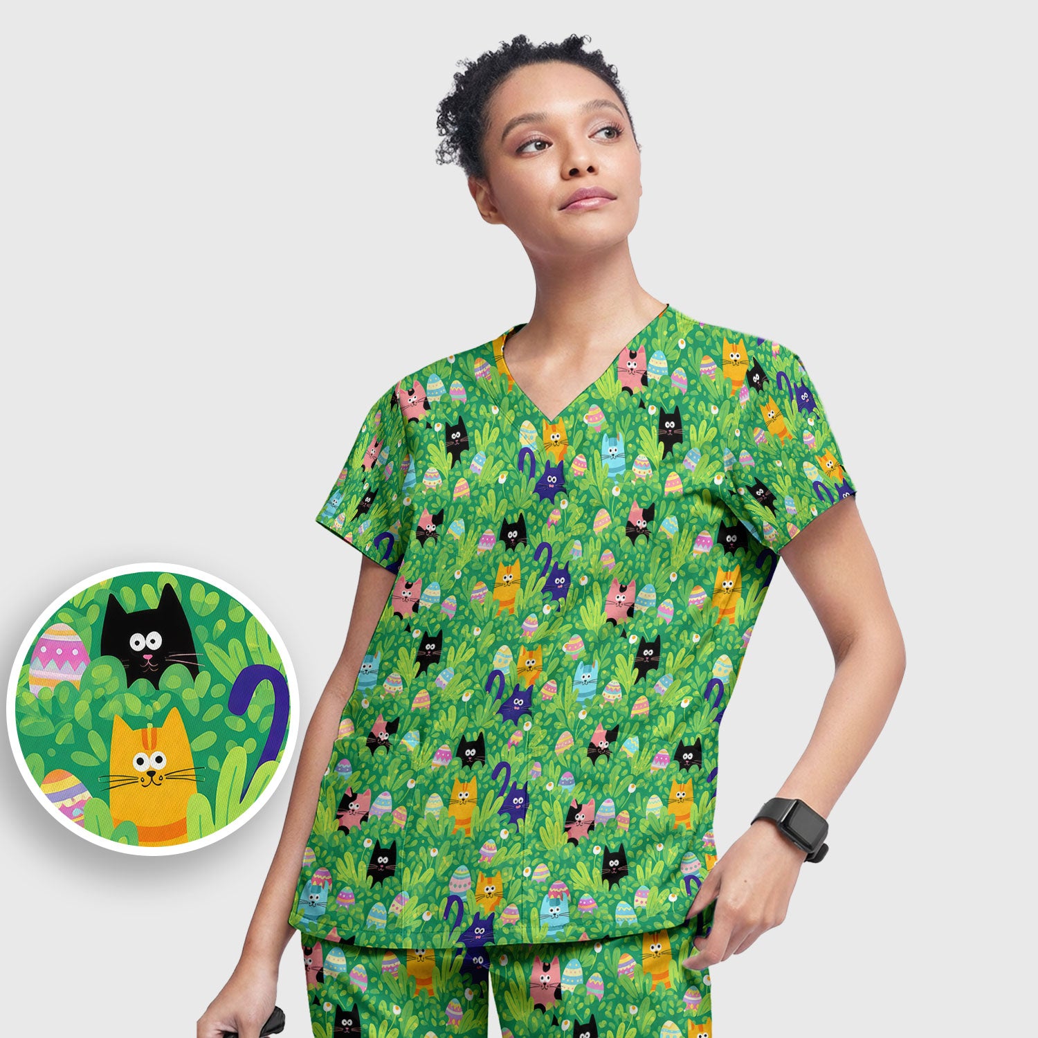Colorful Easter Cats Green Leaves Print Scrub Sets, Scrub Pants and V Neck Top