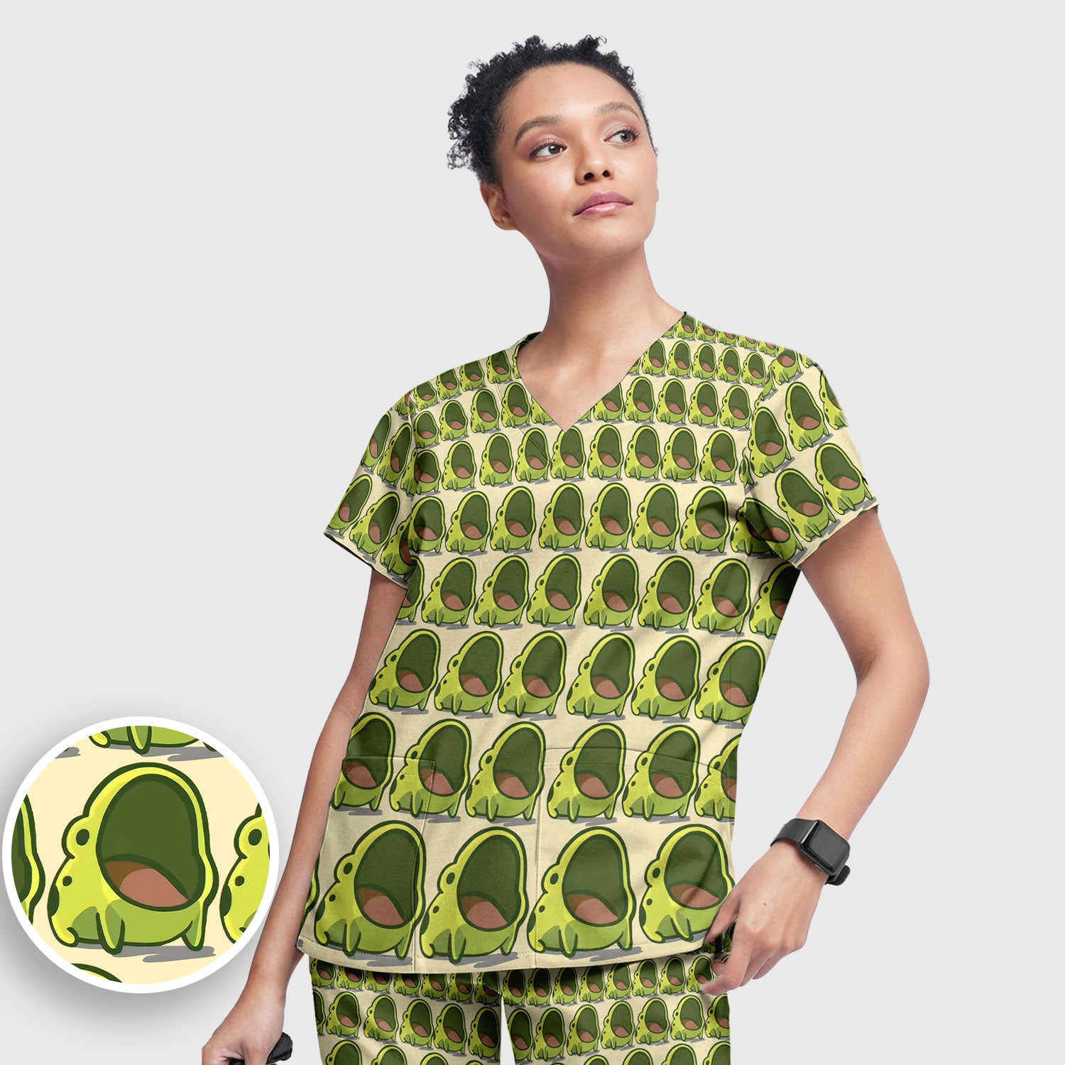 Cute Green Frog Cartoon Print Scrub Set, Scrub Pants and V Neck Top