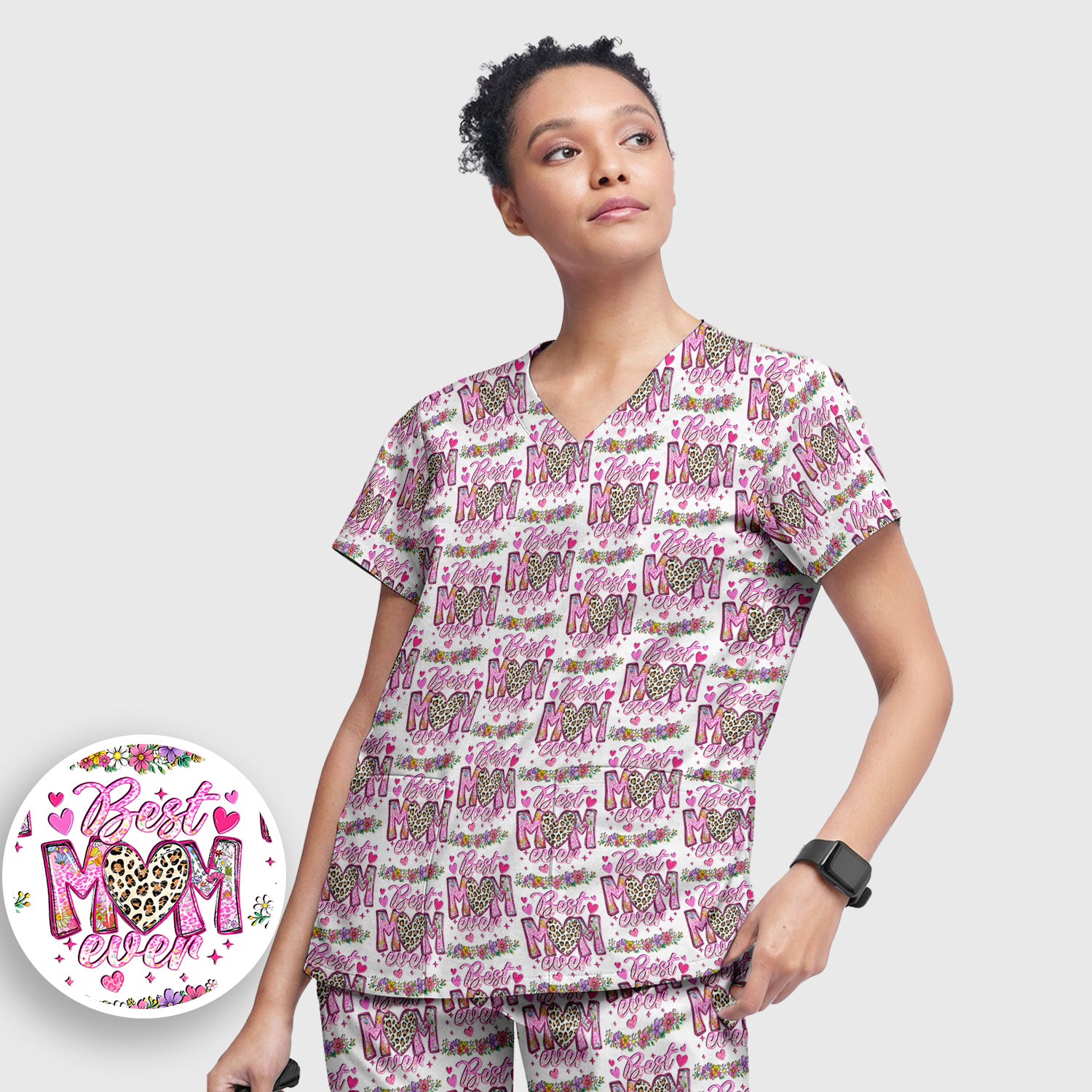 Best Mom Ever Leopard Heart Floral Pattern Scrub Set, Nurse Uniform Scrubs Set