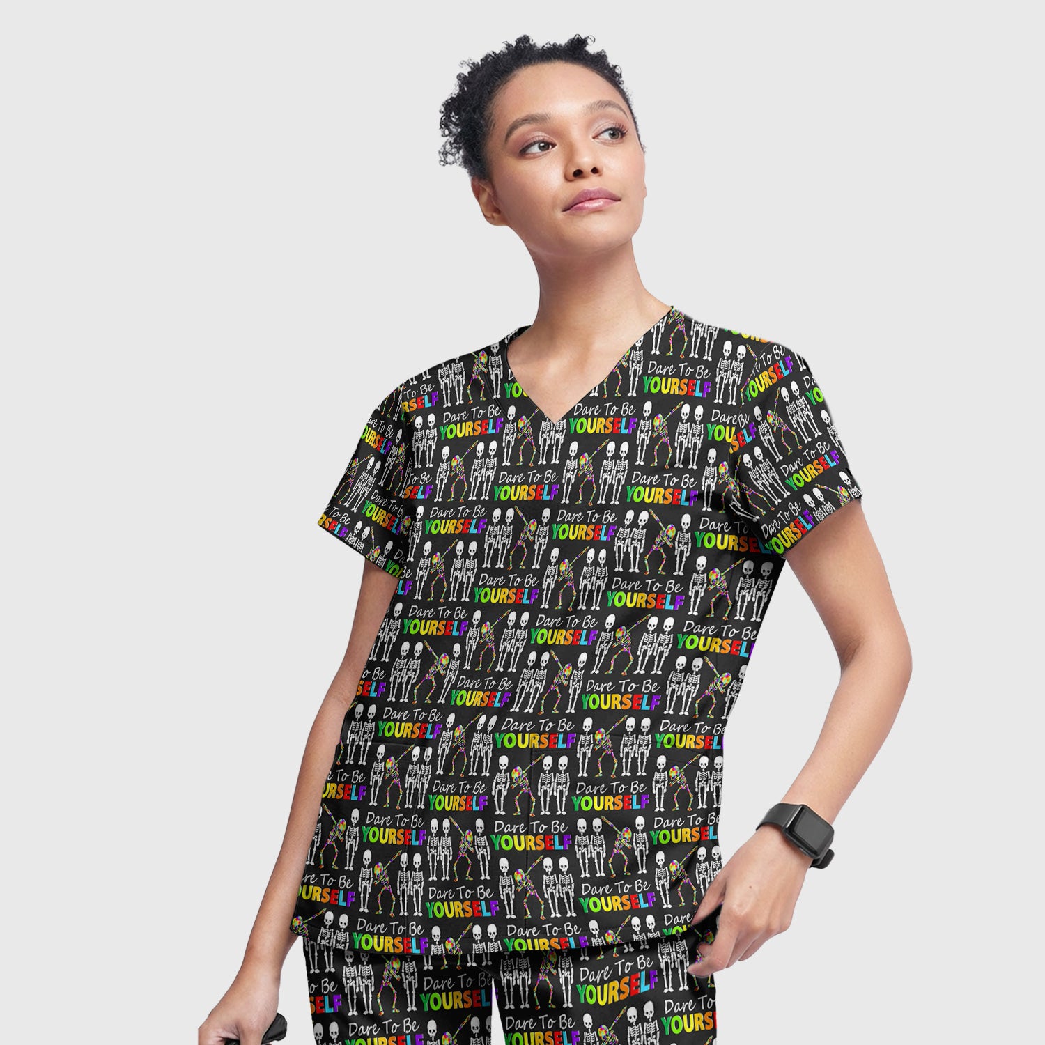 Rainbow Skeleton Dare To Be Yourself Pattern Scrub Sets, Scrub Pants and V Neck Top