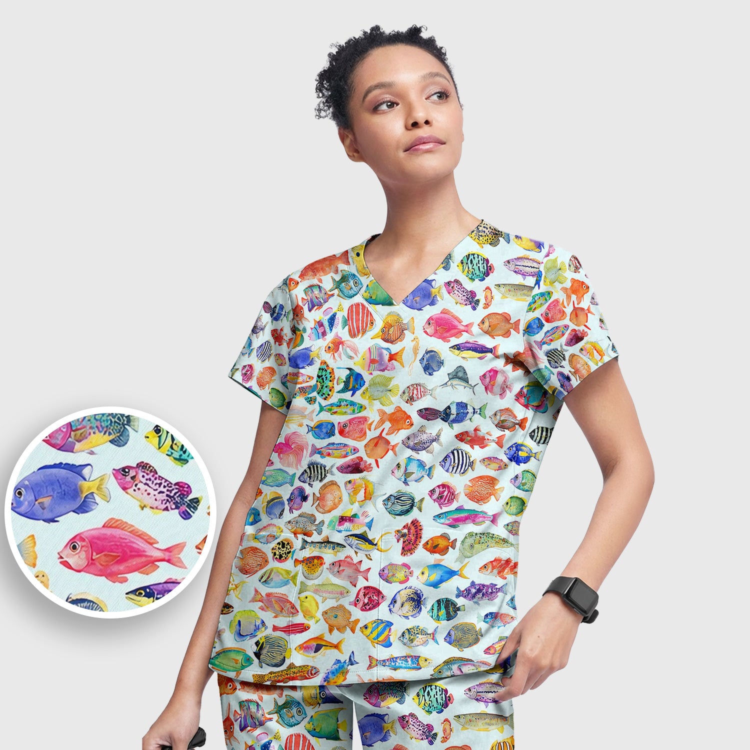 Colorful Tropical Fish Print Scrub Set, Scrub Pants and V Neck Top