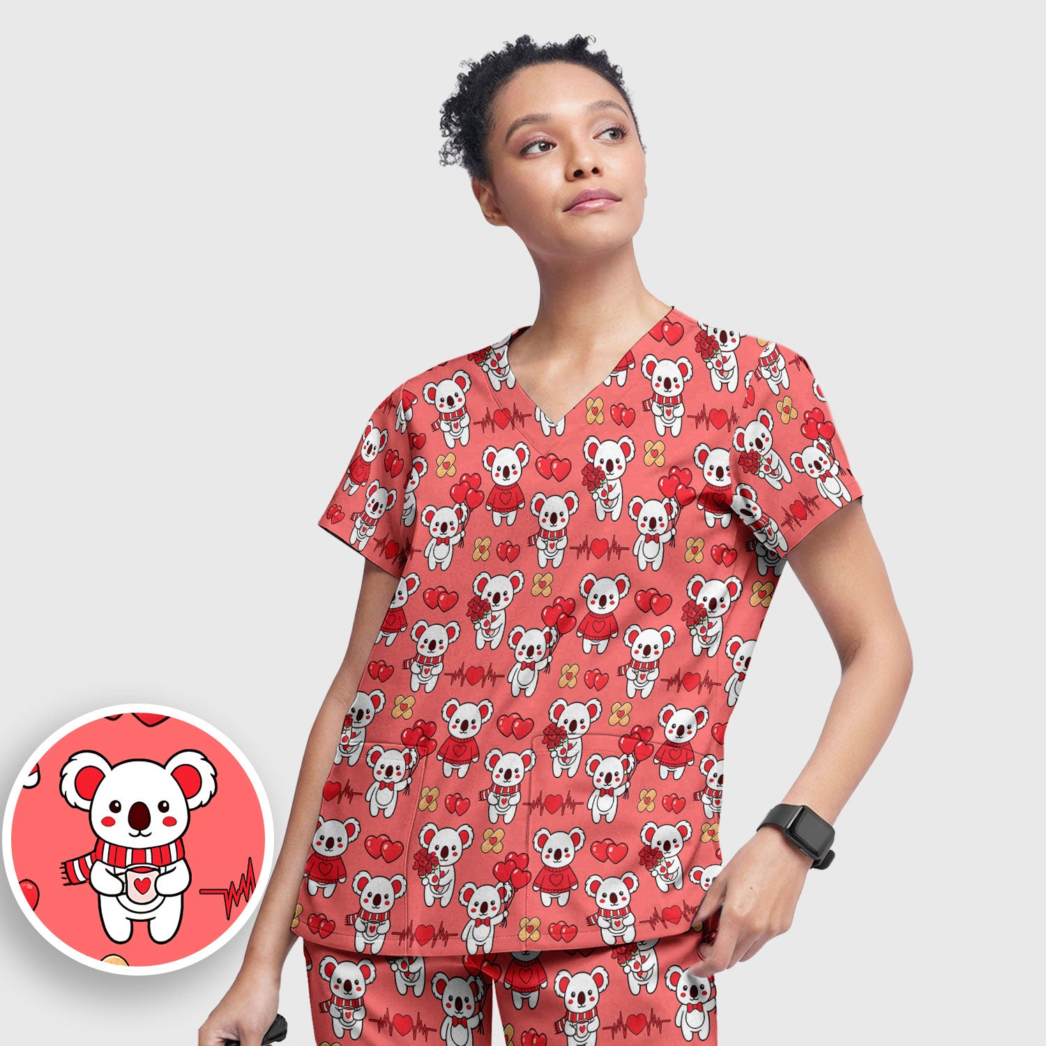 Sweet Koala Valentine Medical Design Scrub Set, Breathable Med Uniform