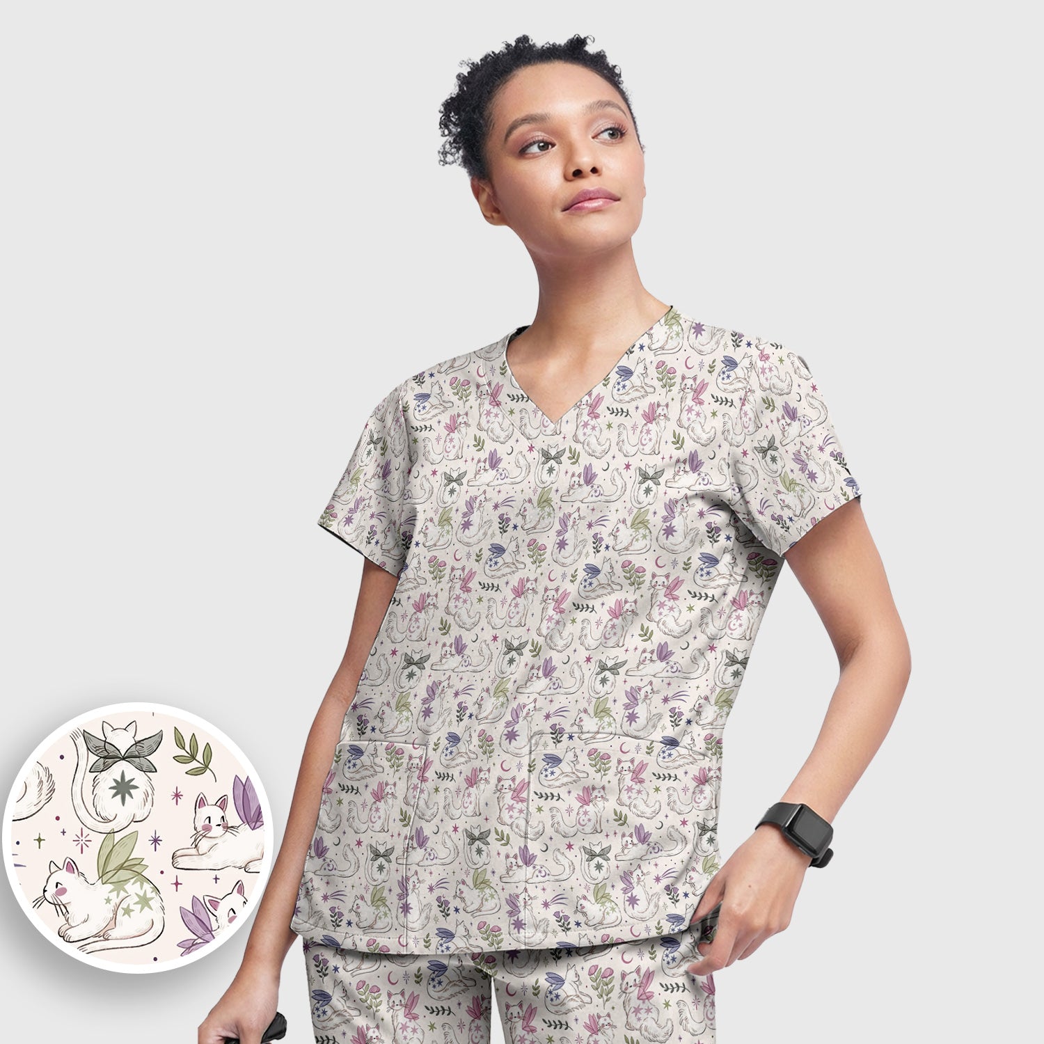 Cute Fairy Cat Moon Star Floral Pattern Scrub Set, Scrub Pants and V Neck Top