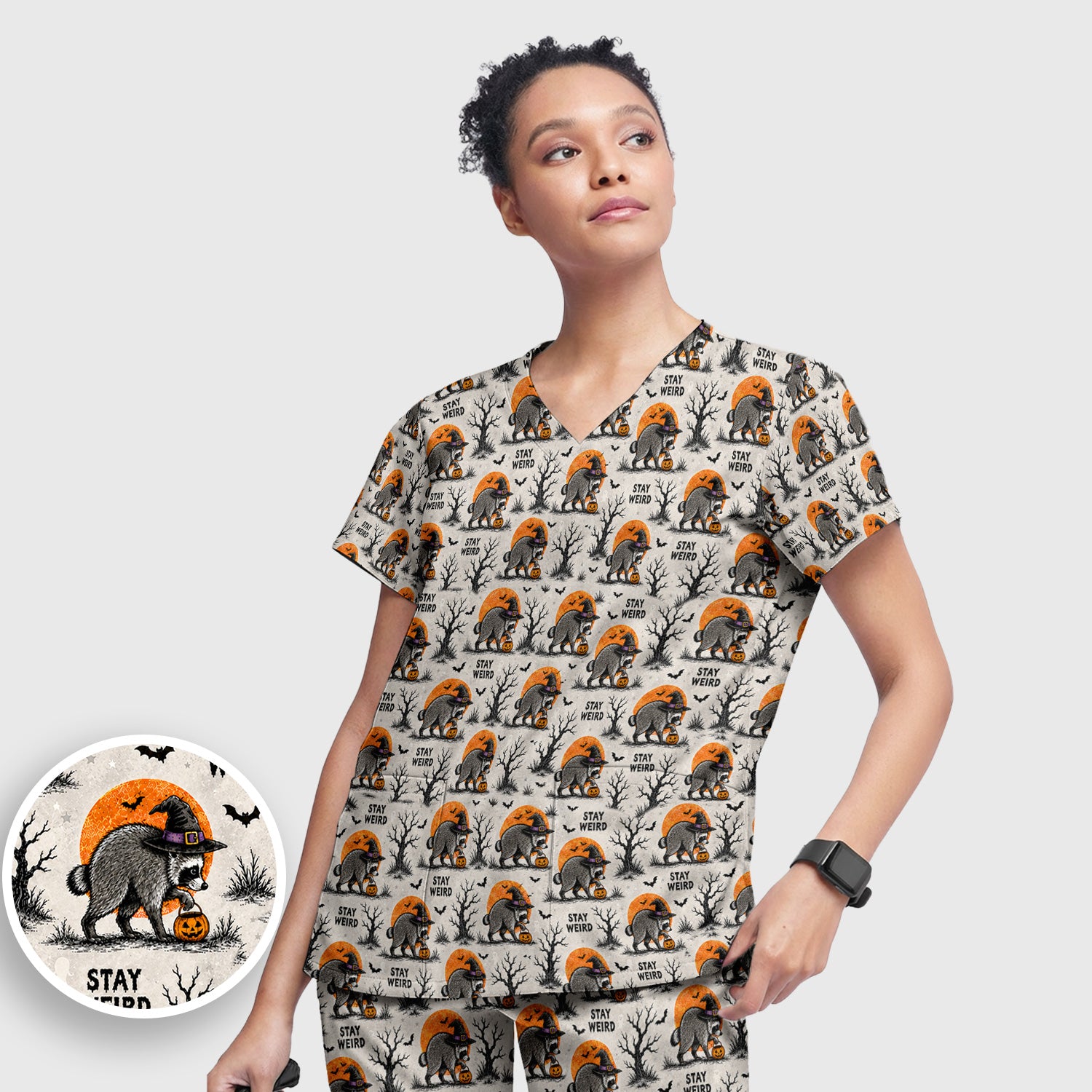 Funny Stay Weird Halloween Raccoon Scrub Set, Scrub Pants and V Neck Top