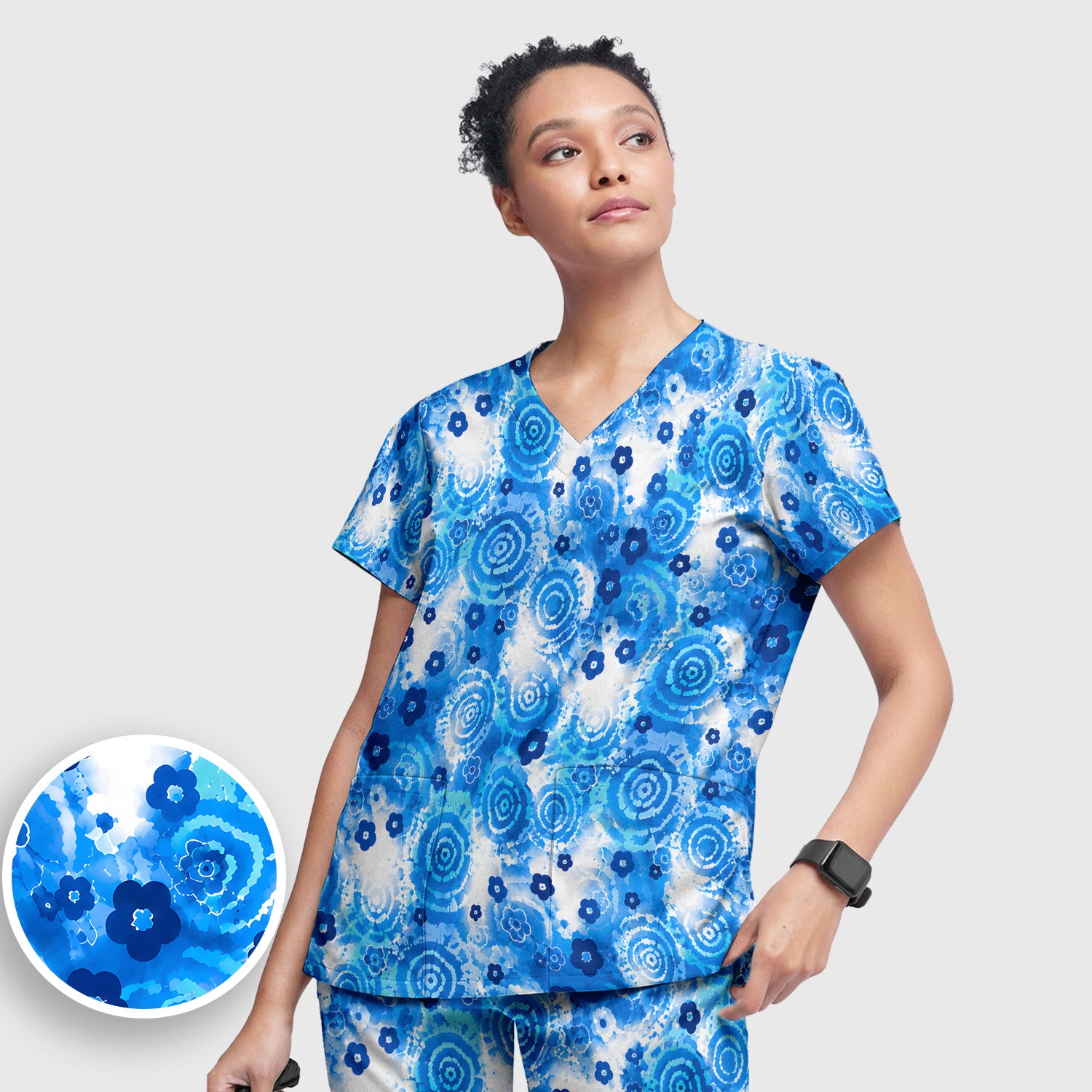 Blue Floral Spiral Nurse Pattern Scrub Top, Breathable Fabrics Nursing Uniform Scrub Set, Scrub Pants and V Neck Top