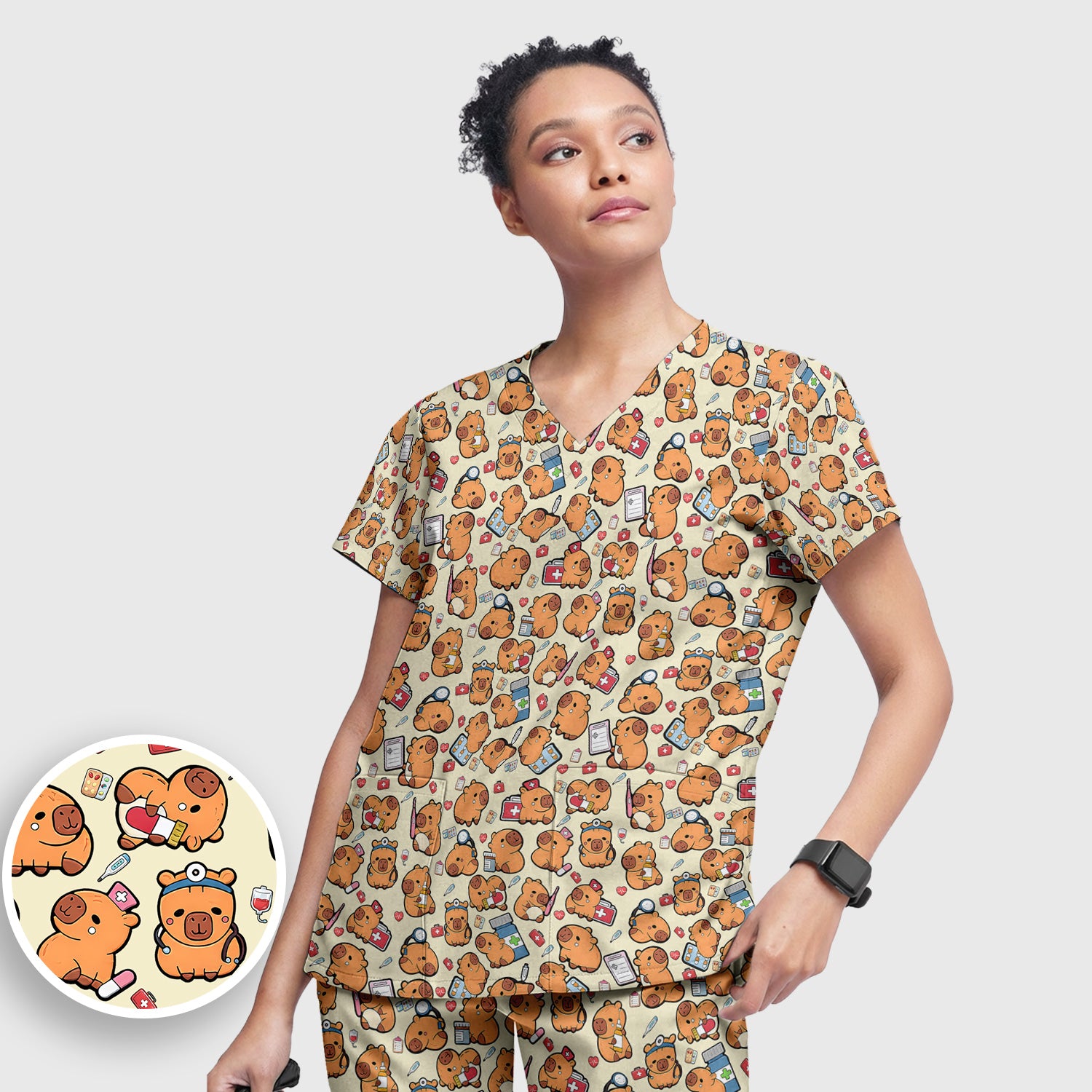 Capybara With Stethoscope And Medical Tools Seamless Scrub Set, Breathable Med Uniform