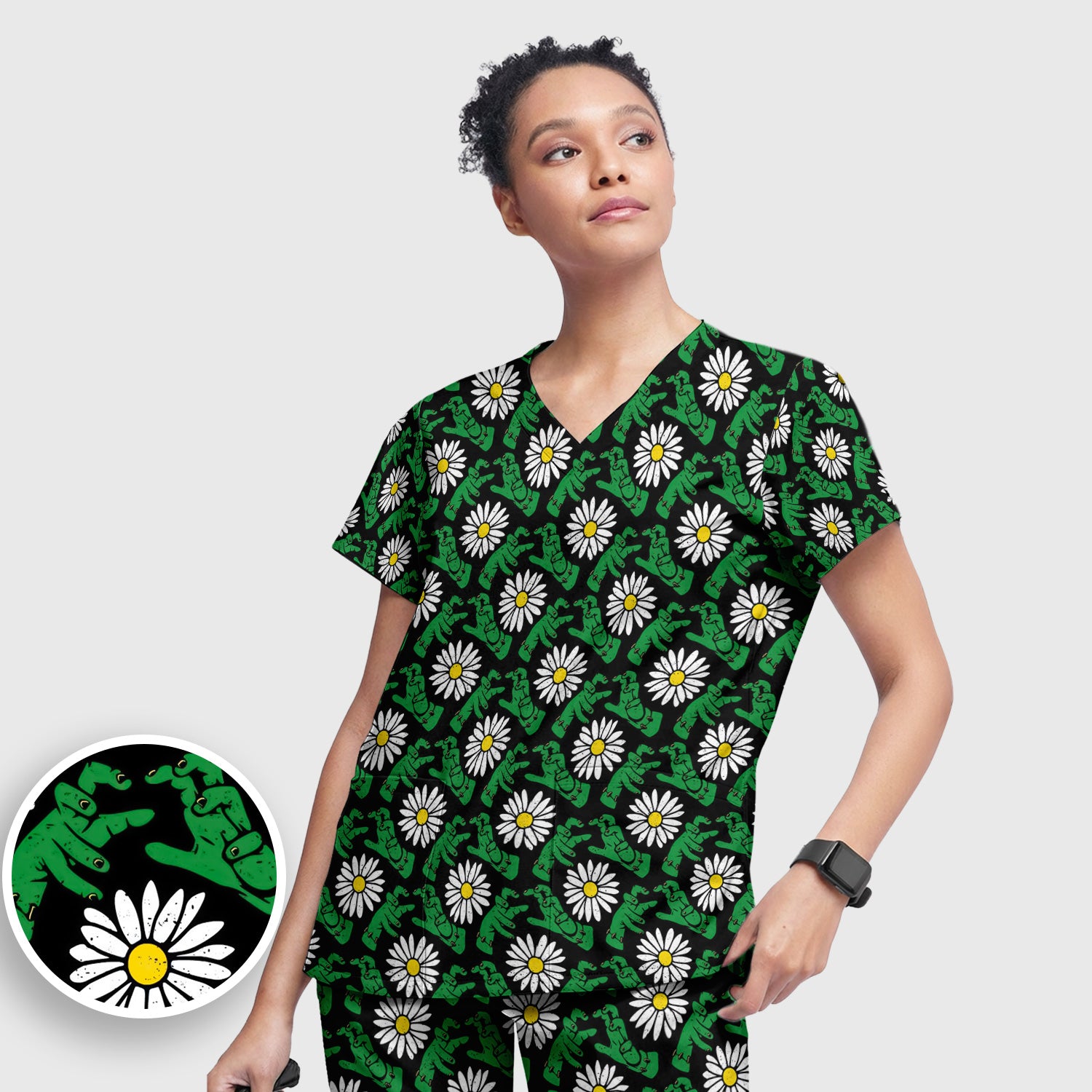 Halloween Monster And Daisies Scrub Set, Scrub Pants and V Neck Top