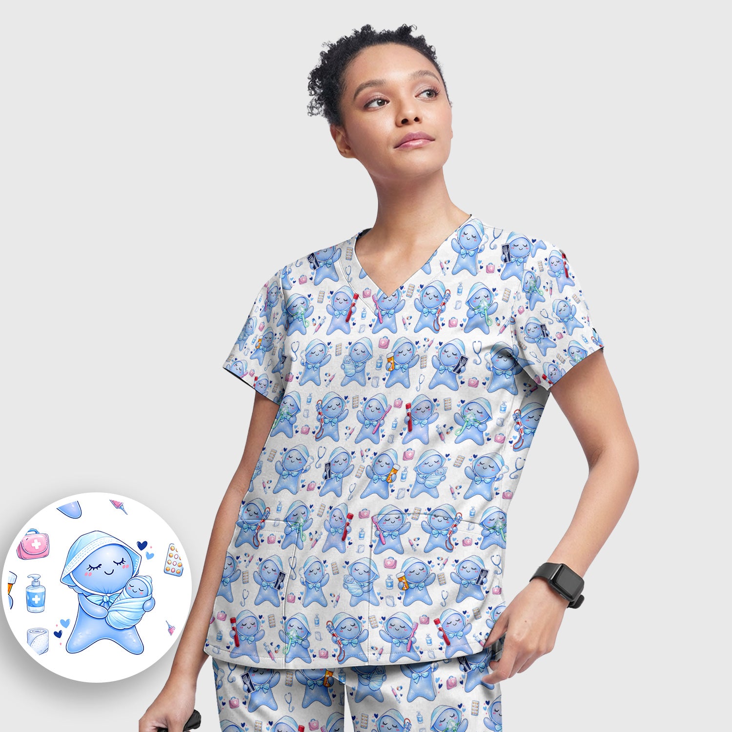 Cute Tooth Character Dental Tools Caring Pattern Scrub Set, Breathable Med Uniform