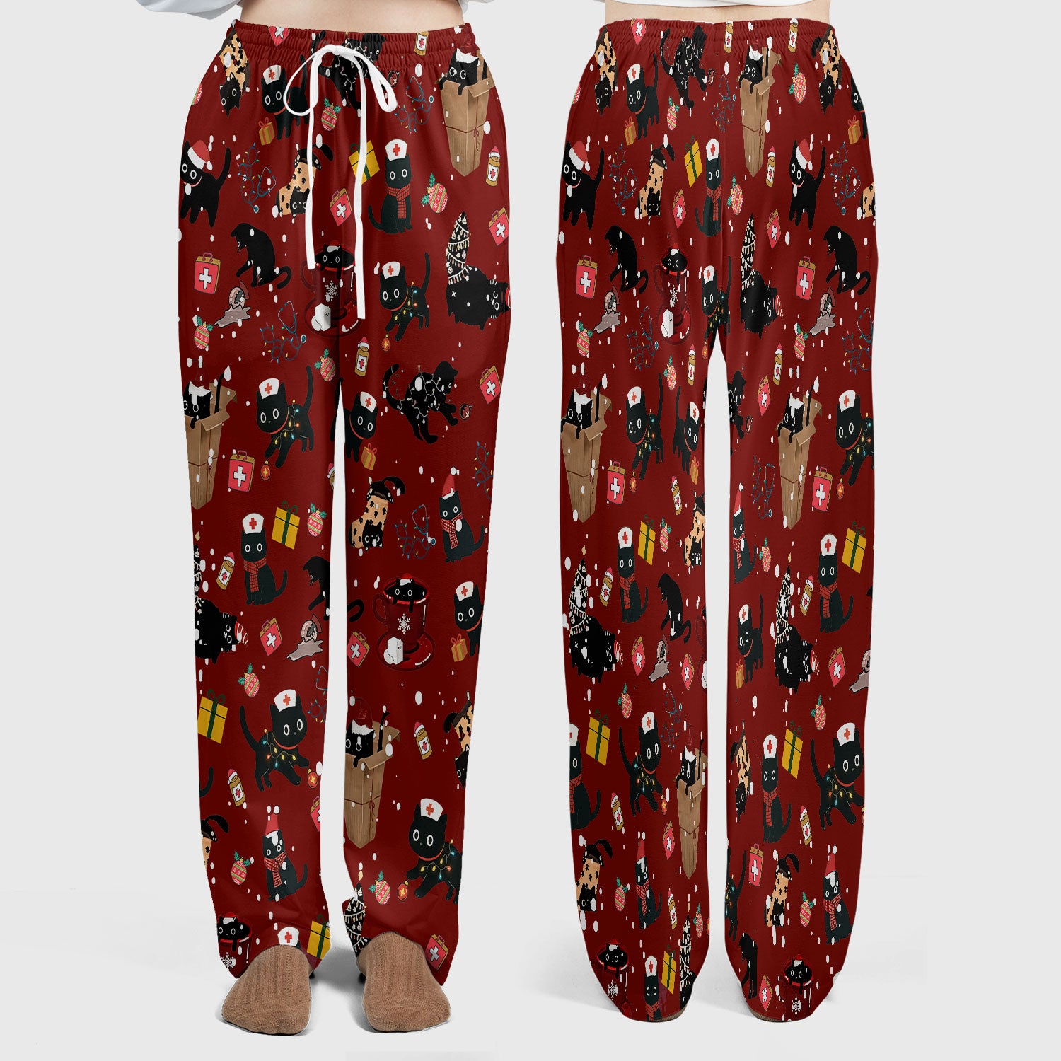 Christmas Cat Scrub Set for Nurse - Funny Black Cats Scrubs Pants and V Neck Top - Cute Holiday Medical Uniform for Women