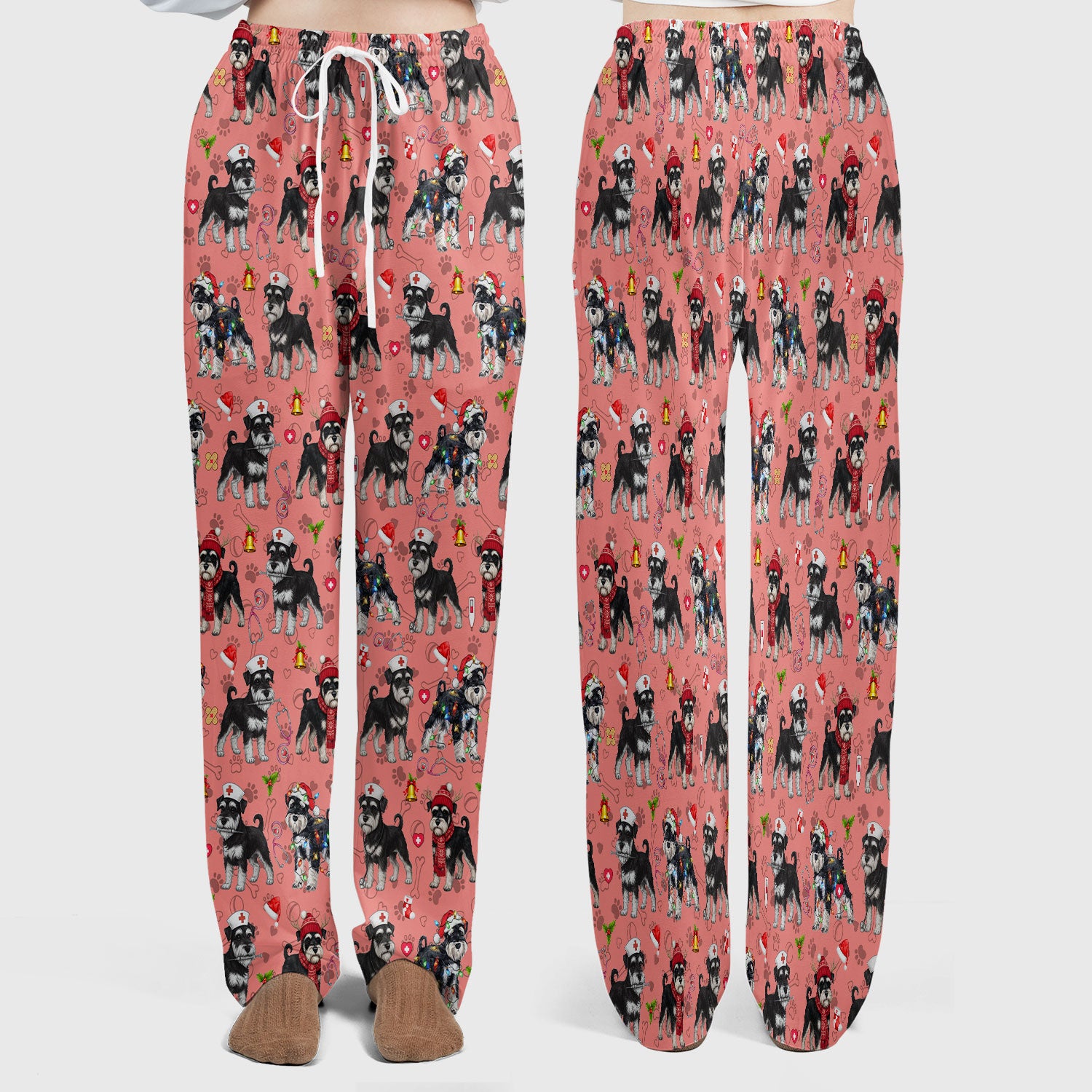 Christmas Schnauzer Scrub Set for Nurses - Cute Dog Holiday Scrubs Pants and V Neck Top - Funny Santa Nursing Medical Shirt for Women