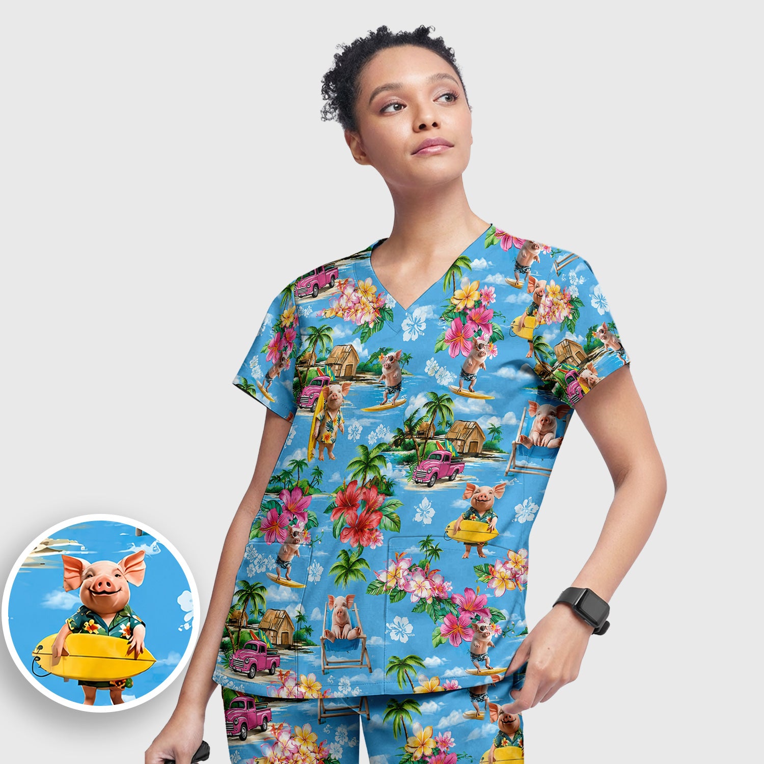 Tropical Surfing Pig Beach Pattern Scrub Set, Scrub Pants and V Neck Top