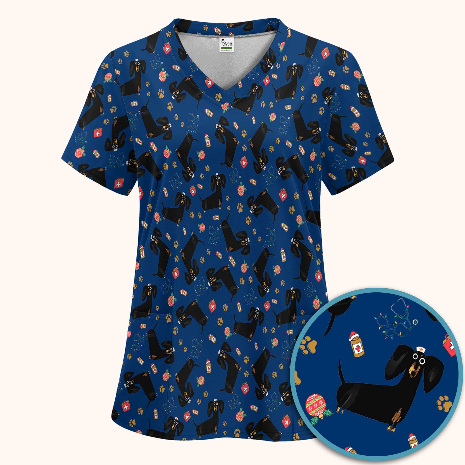 Funny Wiener Dog Scrub Sets for Nurses - Cute Black Dachshund Pants and V Neck Top - Dog Lover Nursing Uniform Gift for Women