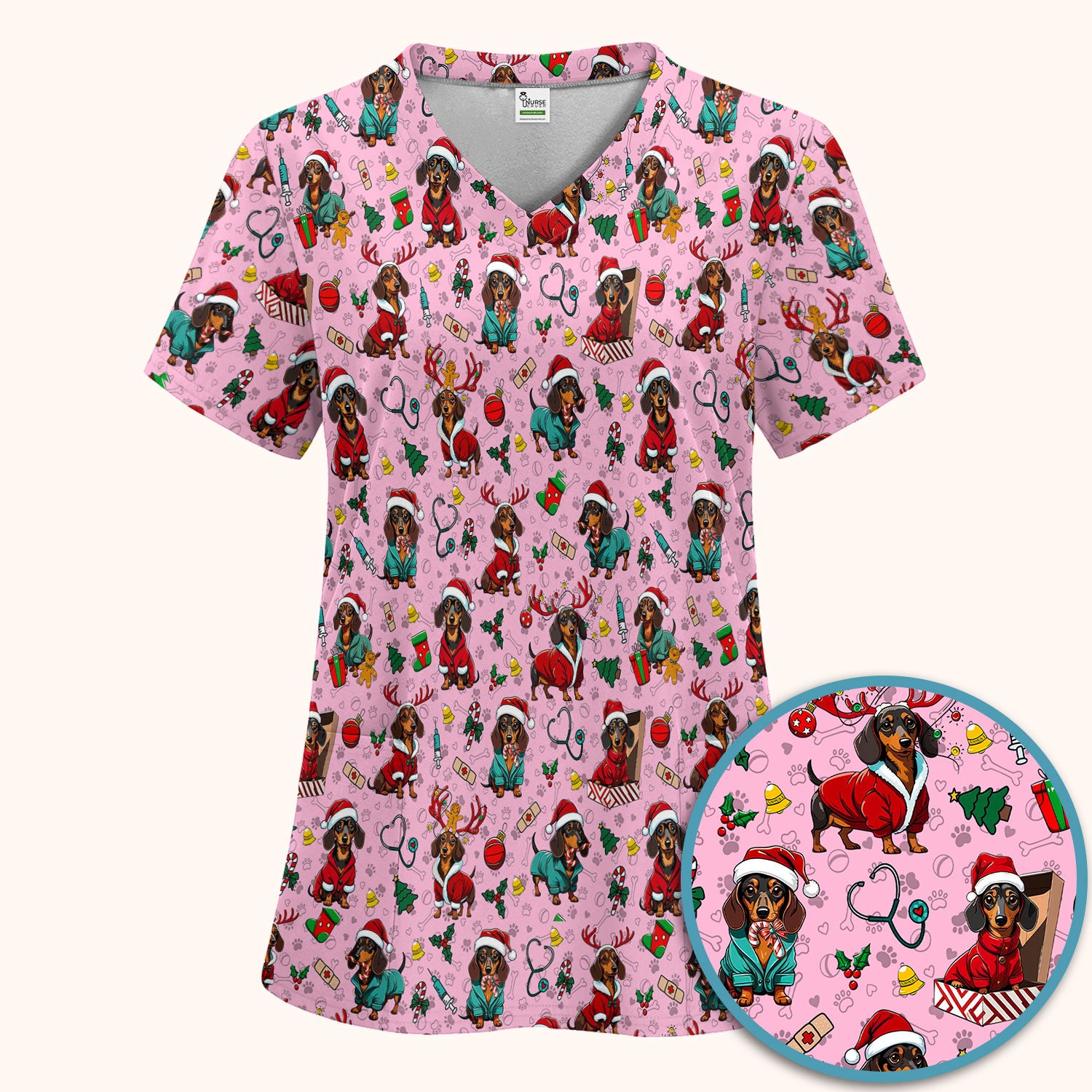 Christmas Dachshund Scrub Set for Nurses - Cute Sausage Dog Holiday - Funny Reindeer & Santa Scrubs Pants and V Neck Top