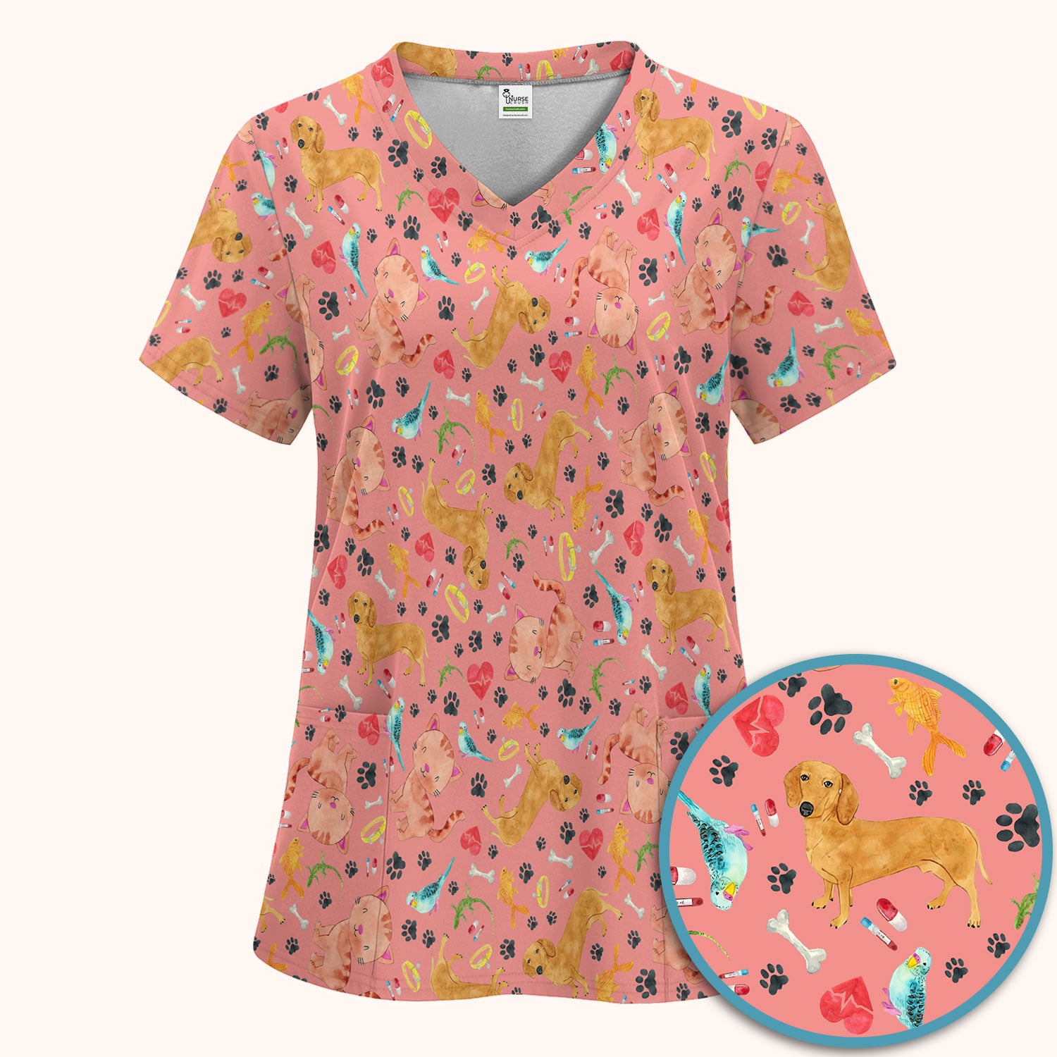 Cat Dog Veterinary Scrub Set - Cute Animal Paw Print Medical Pants and V Neck Top for Women RN CNA Vet Tech
