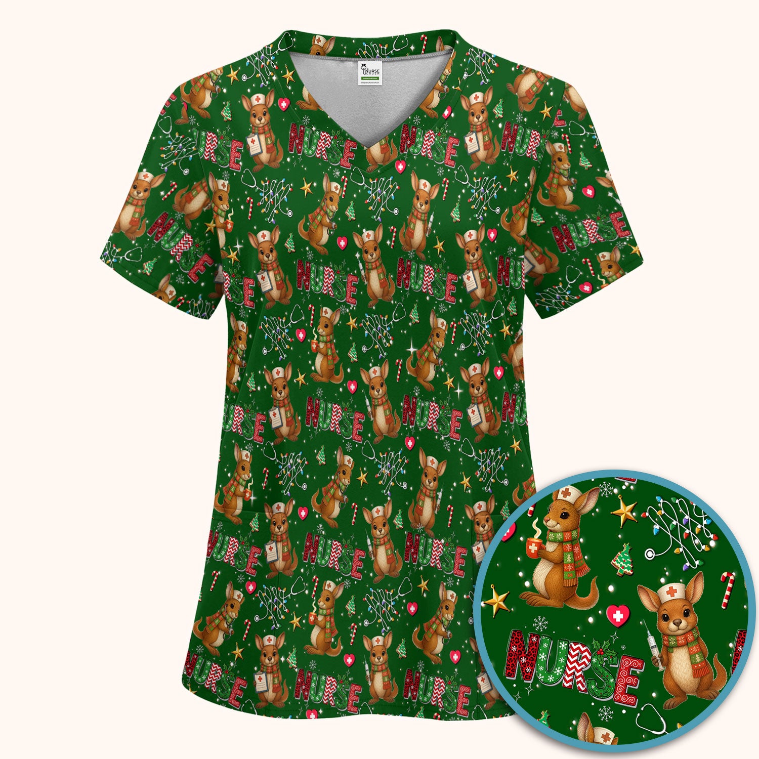 Christmas Kangaroo Nurse Scrub Set - Cute Aussie Holiday Medical Uniform - Funny Xmas Gift for Women