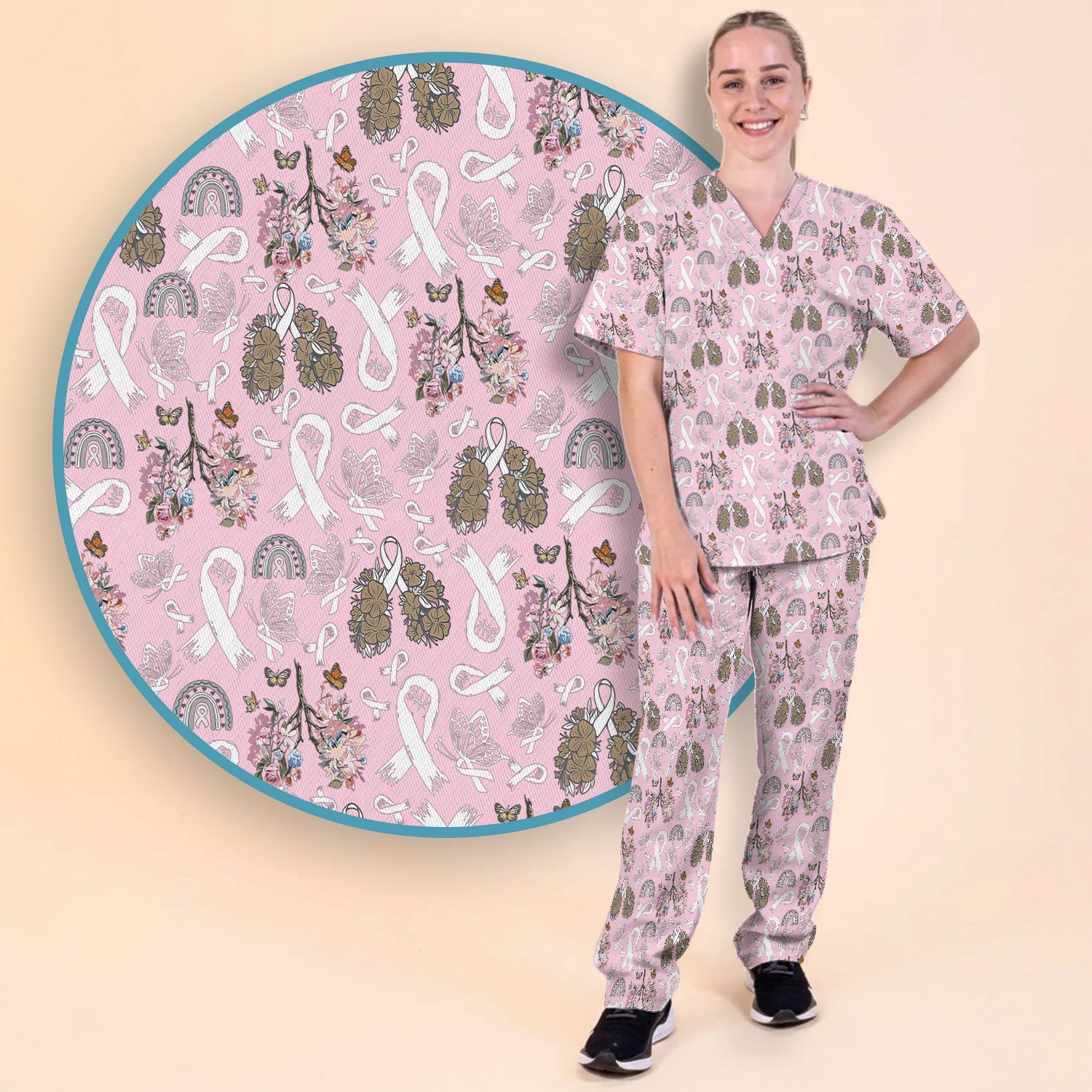 Lung Cancer Awareness Scrub Sets for Nurse - White Ribbon Butterfly Floral Scrub Pants and V Neck Top - Breathable Med Uniform for Women