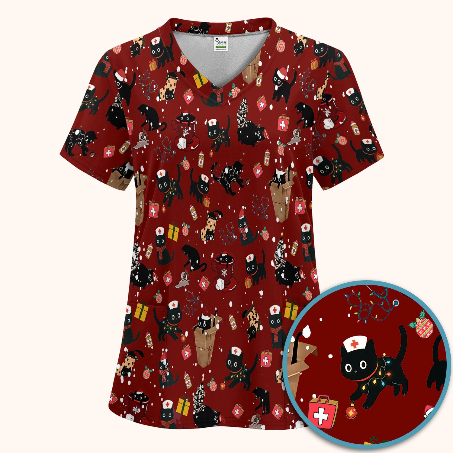 Christmas Cat Scrub Set for Nurse - Funny Black Cats Scrubs Pants and V Neck Top - Cute Holiday Medical Uniform for Women