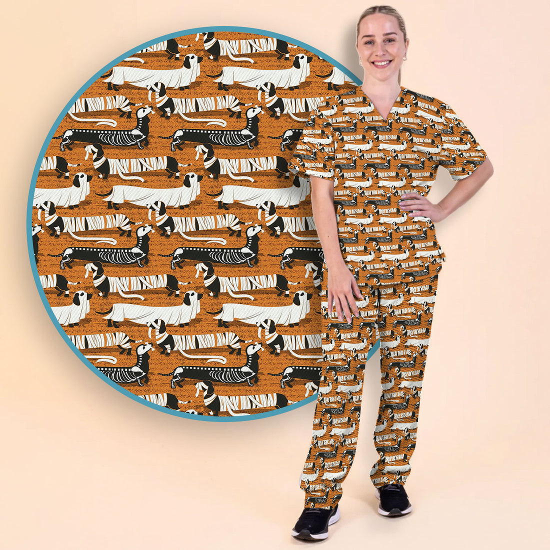 Halloween Scrub Set for Women - Spooky Skeleton Med Uniform - Dachshund Nursing Pants - Ugly Sweater for Wiener Dog Lover