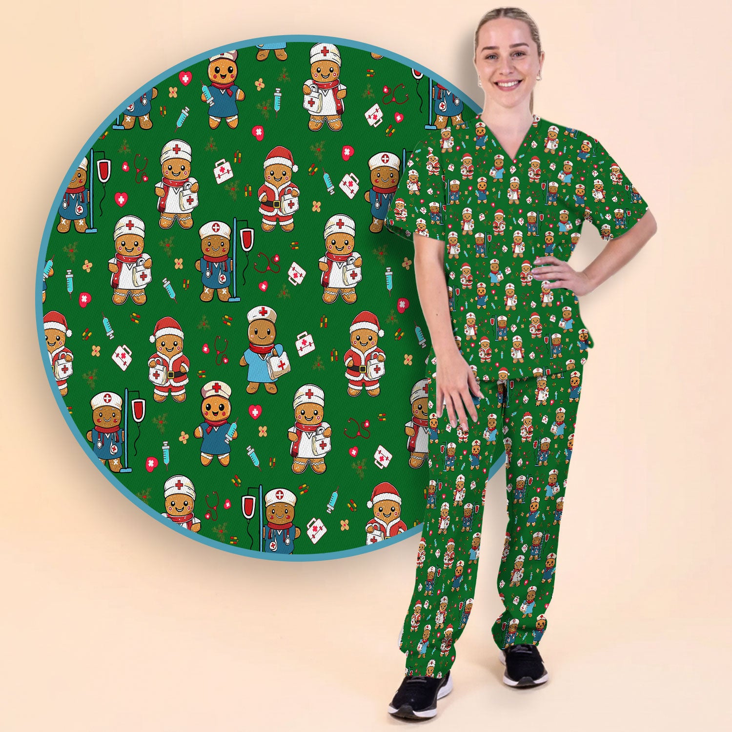 Gingerbread with Santa Nurse Scrub Set - Santa’s Favorite Nurse Holiday Gift - Medical Uniform for RN LPN CNA - Funny Xmas Ugly Sweater