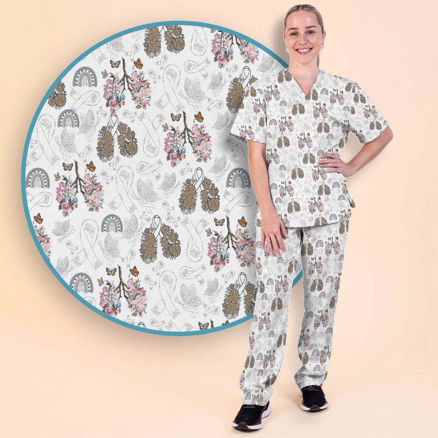 Lung Cancer Awareness Scrub Sets for Nurse - White Ribbon Butterfly Floral Scrub Pants and V Neck Top - Breathable Med Uniform for Women