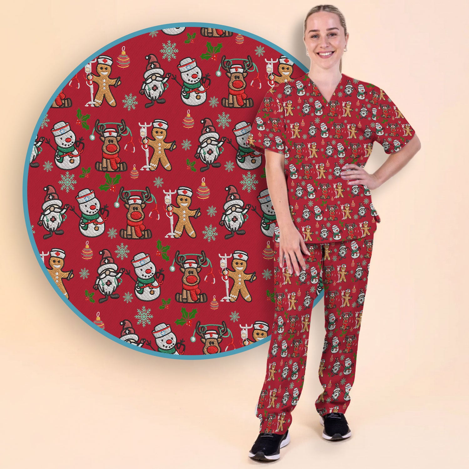 Reindeer Christmas Women's Scrub Sets - Gingerbread Cookies and Santa Claus Medical Uniform - Comfortable Scrubs for Nurses