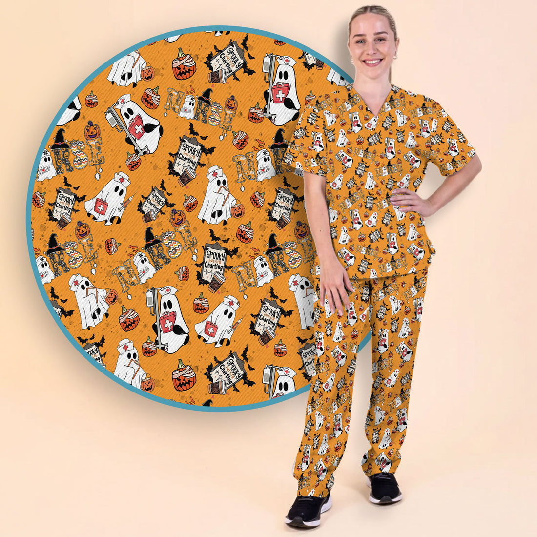 Halloween Women's Scrub Sets - Spooky But Still Charting Boo Nurse - Funny Scrub Pants and V Neck Top - Breathable Med Uniform