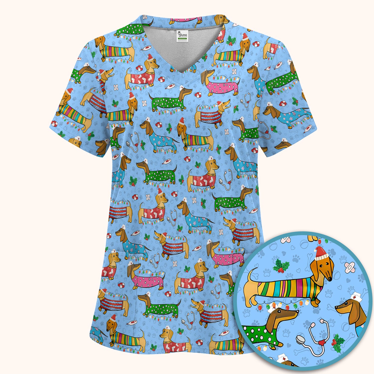 Christmas Dachshund Scrub Set for Nurses - Cute Wiener Dog in Holiday Outfit - Funny Medical Uniform Gift for Women RN LPN CNA