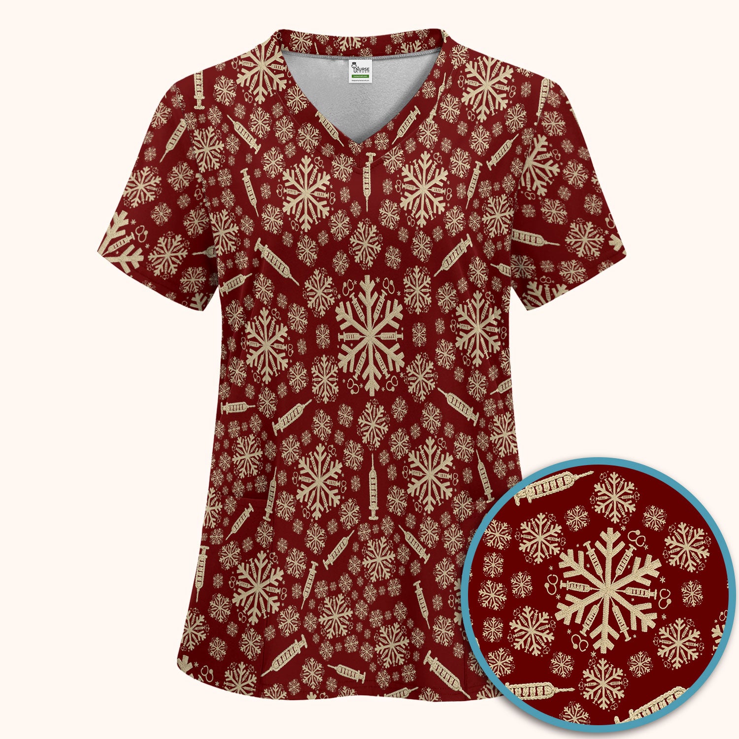 Snowflake Syringe Scrubs Pants and V Neck Top for Women - Winter Snow Medical Set - Funny Christmas Gift for Nurse
