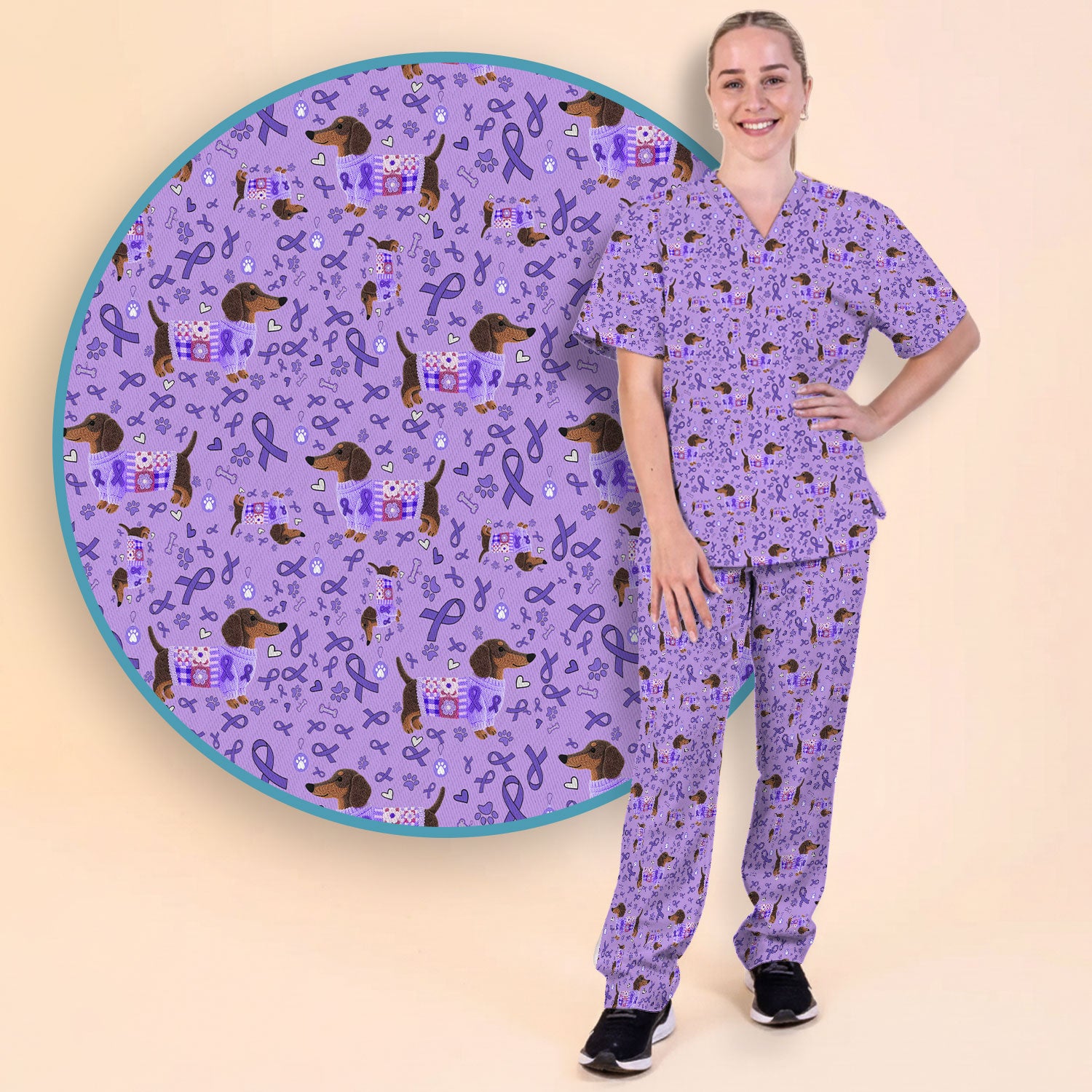 Wiener Dog Purple Ribbon Cancer Awareness Scrub Sets - Dachshund Nursing Uniform - Comfortable Scrubs for Nurses