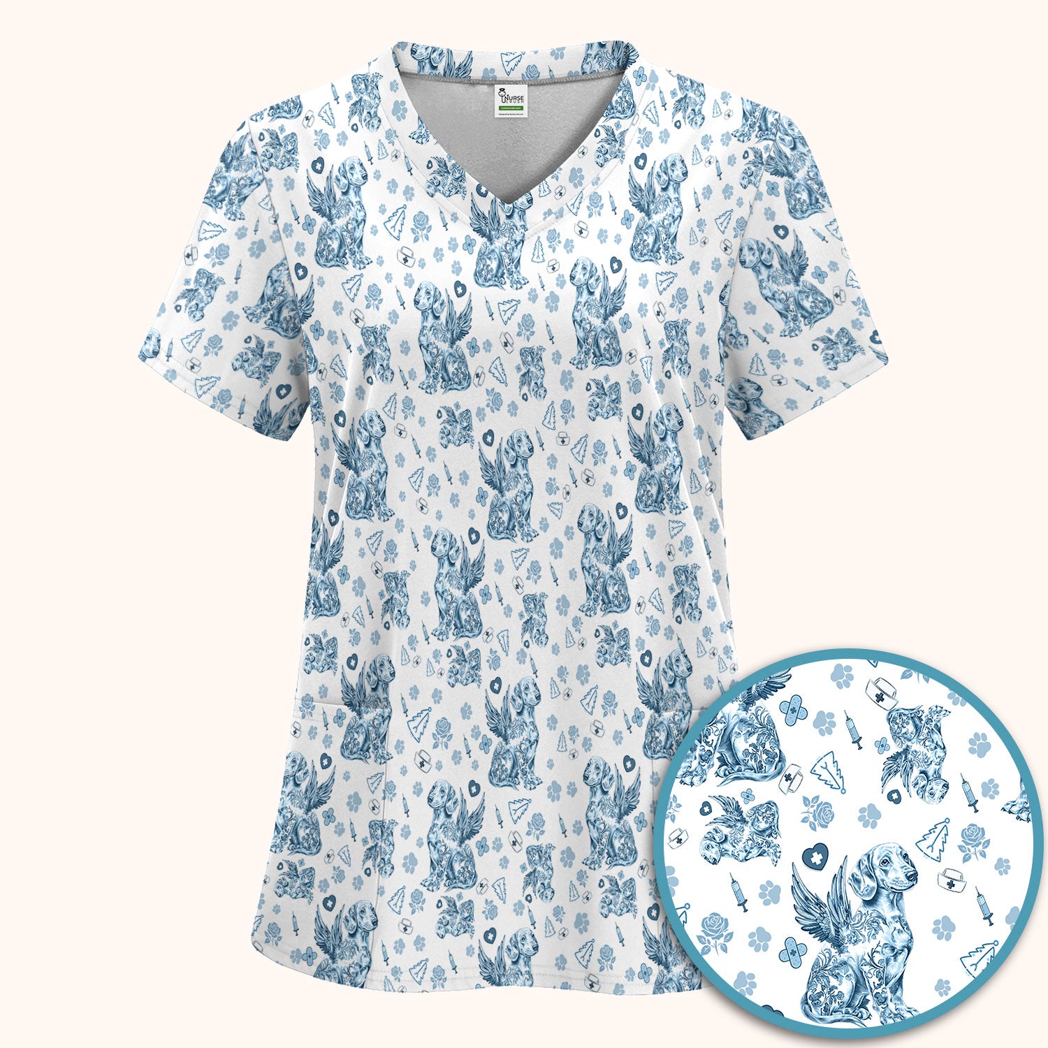 Toile de Jouy Dachshund Angel Scrub Set - Blue Vintage Wiener Dog Scrubs Pants and V Neck Top - Memorial Puppy Gift