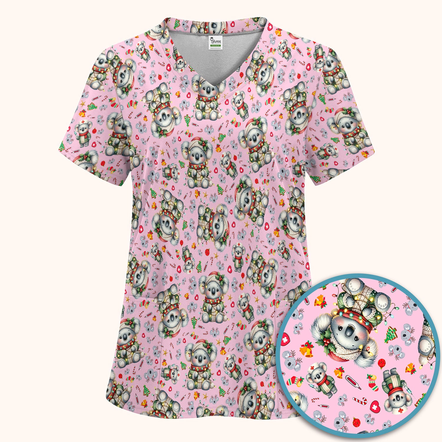 Aussie Koala Nurse Scrub Set - Cute Christmas Medical Uniform - Funny Holiday Animal Scrubs Pants and V Neck Top for Women