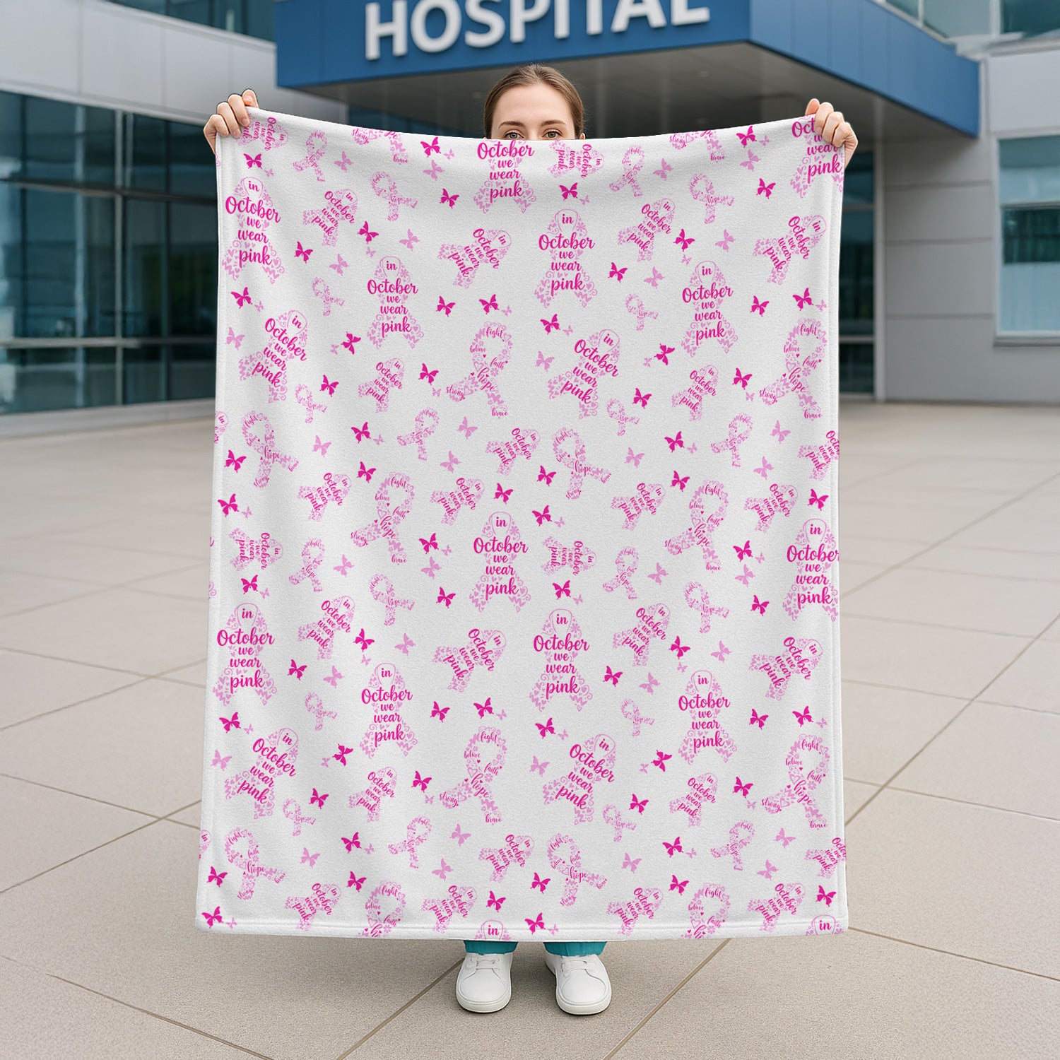 Custom October Awareness Blanket with Pink Ribbons - Inspirational Breast Cancer Support Throw - Gift for RN, CNA, LPN