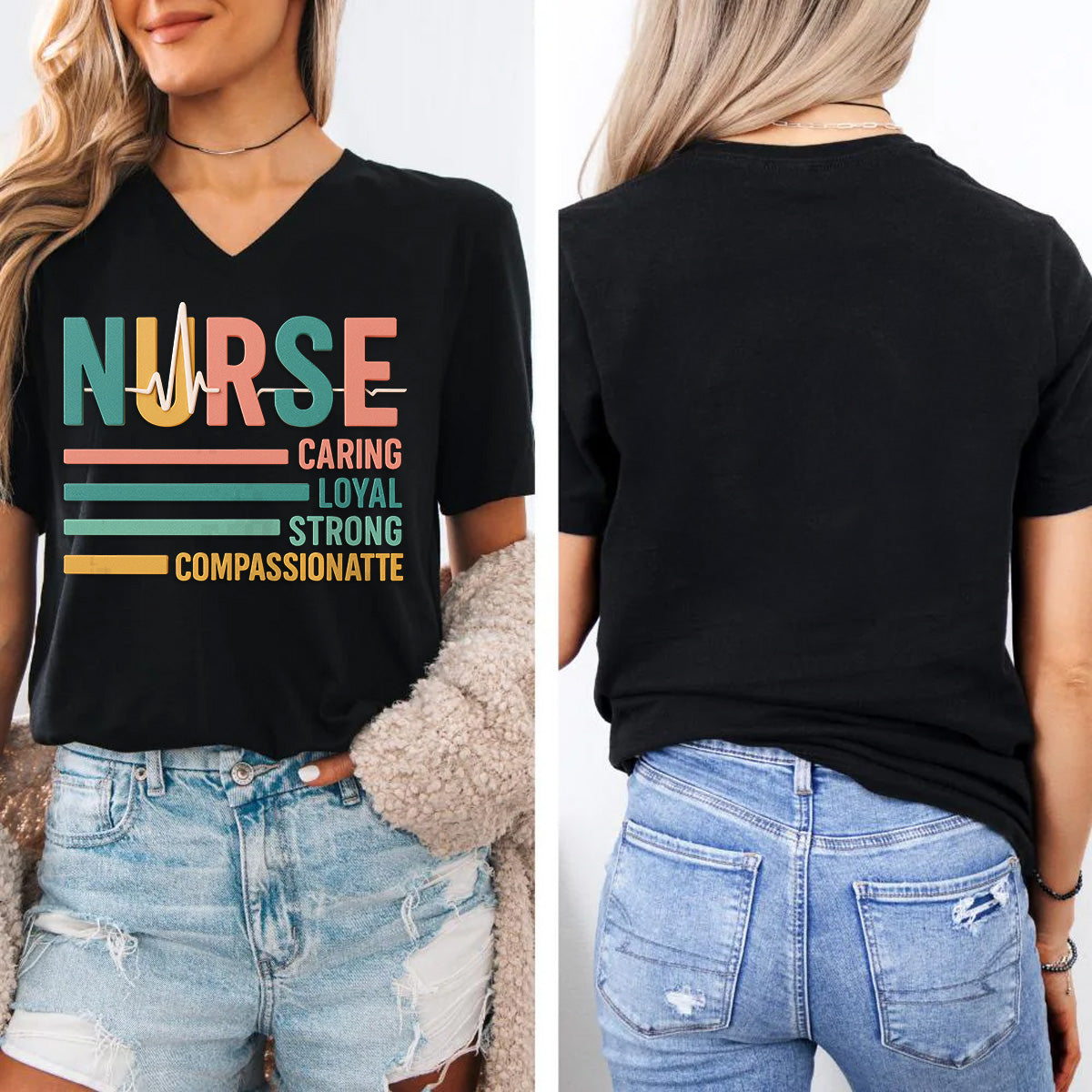 Personalized Caring Loyal Strong Nurse T-Shirt – Colorful Text RN Tee – Gift for Nurse Week Retirement RN CNA LPN