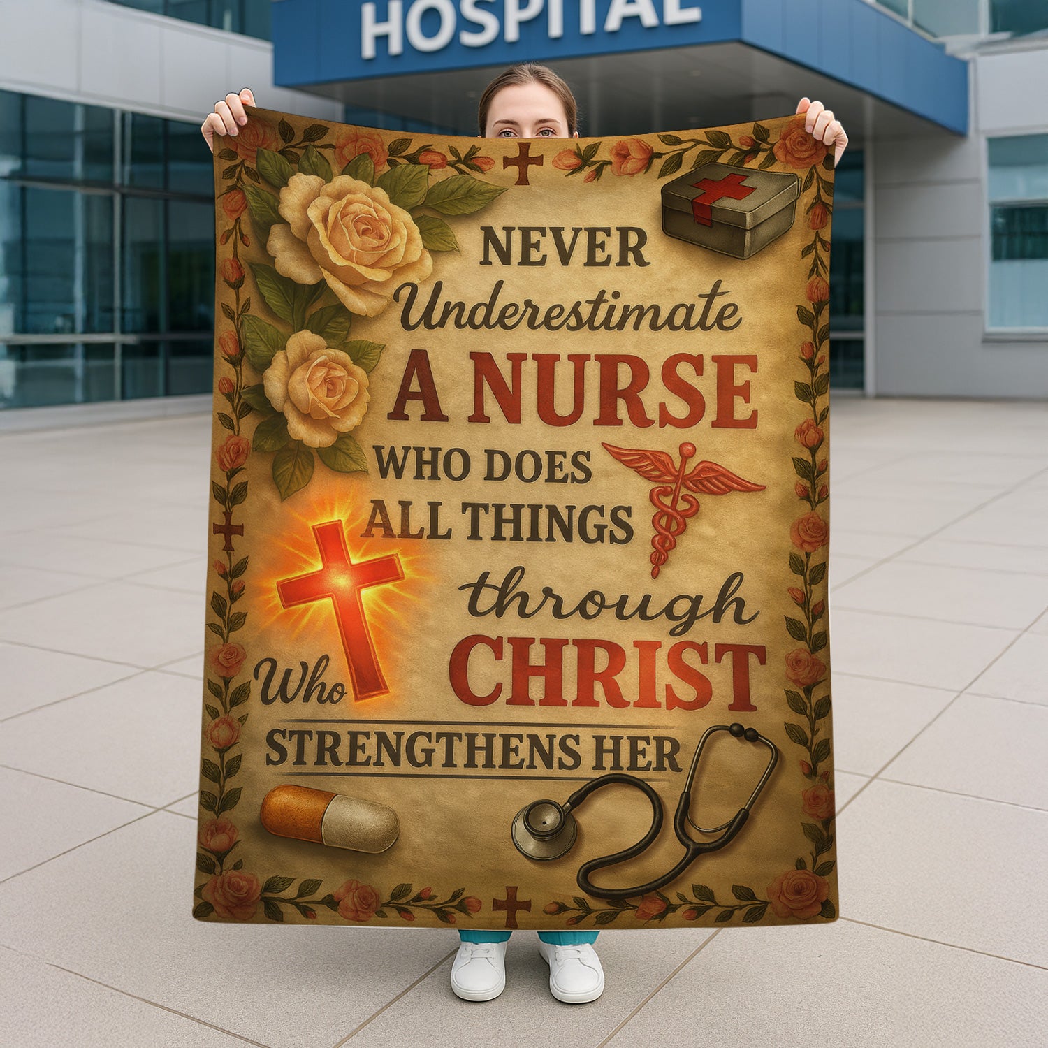 Christian Nurse Blanket - 'Through Christ Who Strengthens Her' Quote with Floral & Medical Design - Gift for RN, CNA, LPN