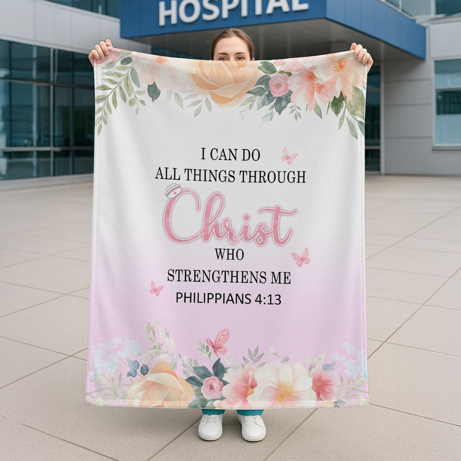 Faith-Based Nurse Blanket - All Things Through Christ Bible Verse - Gift for RN LPN CNA Healthcare Staff