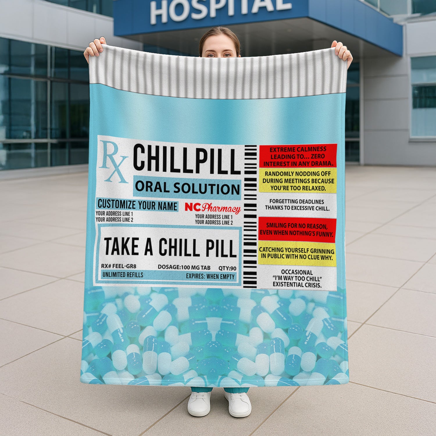 Personalized Funny Chill Pill Blanket for Nurses - Prescription Label Design with Custom Name - Hilarious Gift for RN LPN Doctors