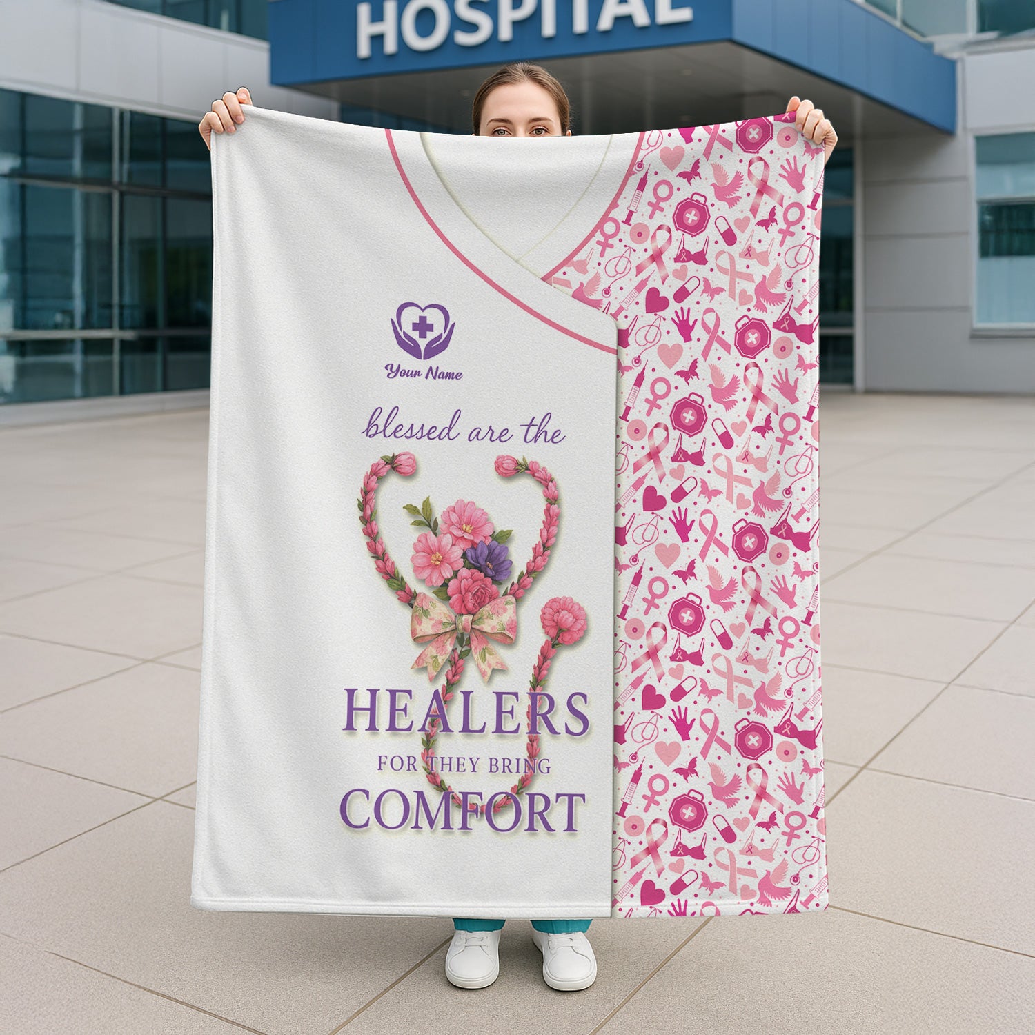 Custom Breast Cancer Awareness Nurse Blanket - Blessed Are the Healers Design - Gift for RN LPN CNA