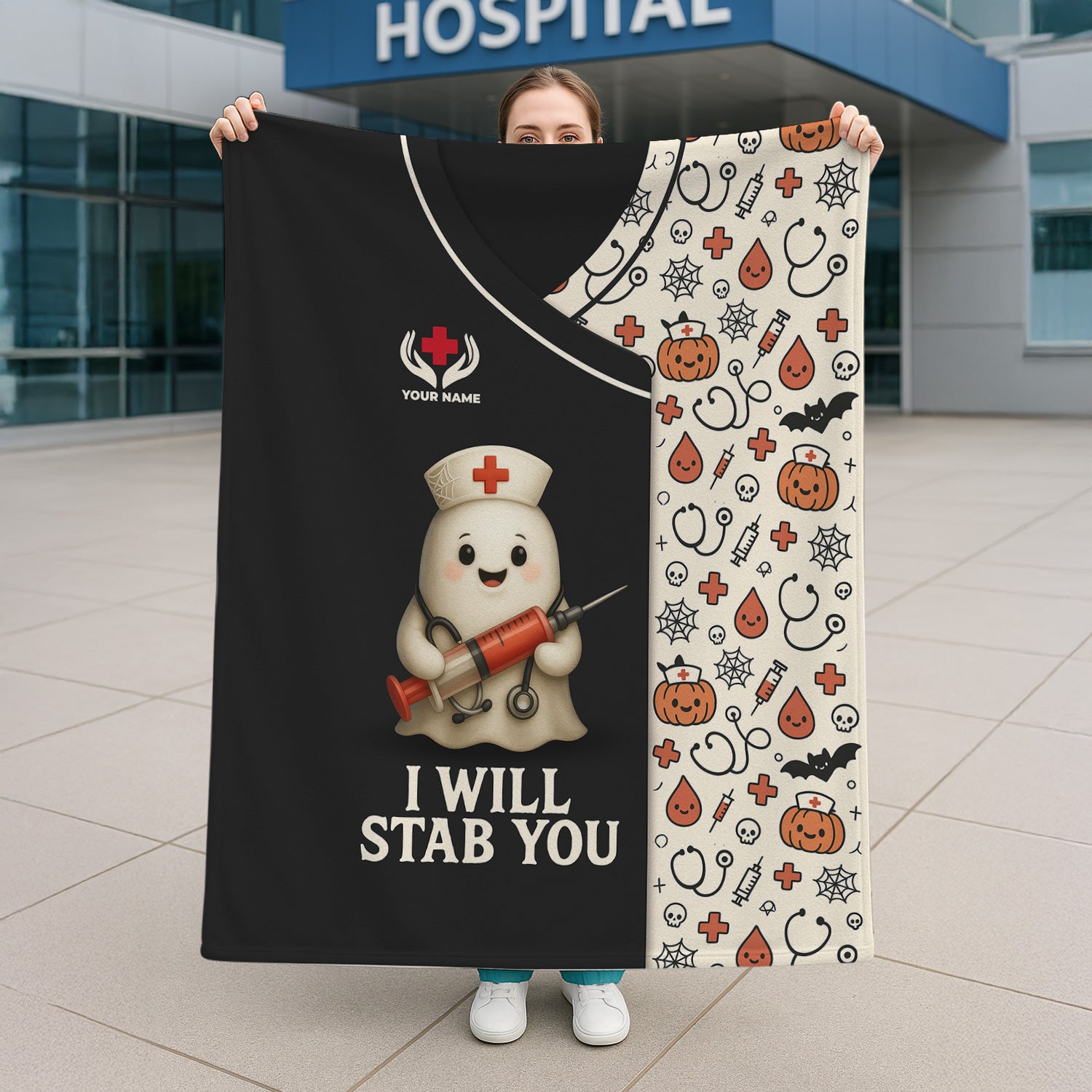 Custom Halloween Nurse Blanket for RN LPN CNA - Funny Ghost Syringe Design with I Will Stab You Quote - Gift for Healthcare Workers & Nursing Teams