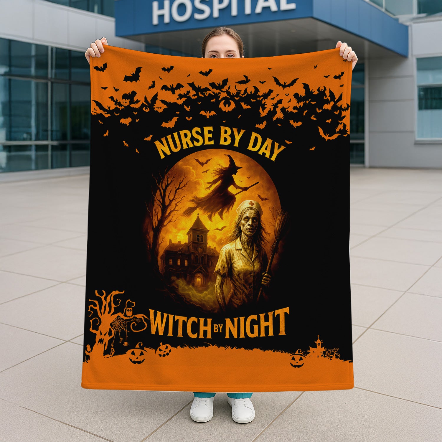 Personalized Funny Halloween Nurse Blanket - Nurse By Day Witch By Night Spooky Design - Gift for RN LPN CNA Healthcare Workers