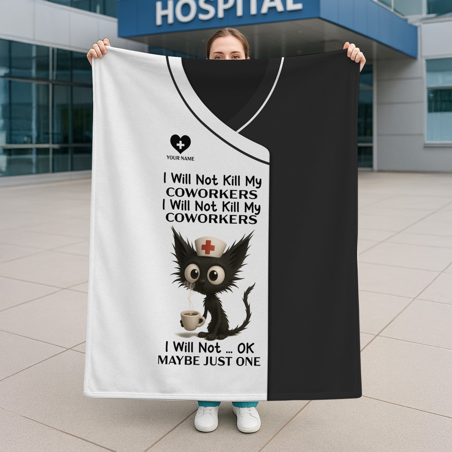 Personalized Funny Nurse Blanket with Angry Cat Quote - I Will Not Kill My Coworkers Design - Custom Name Gift for RN LPN CNA
