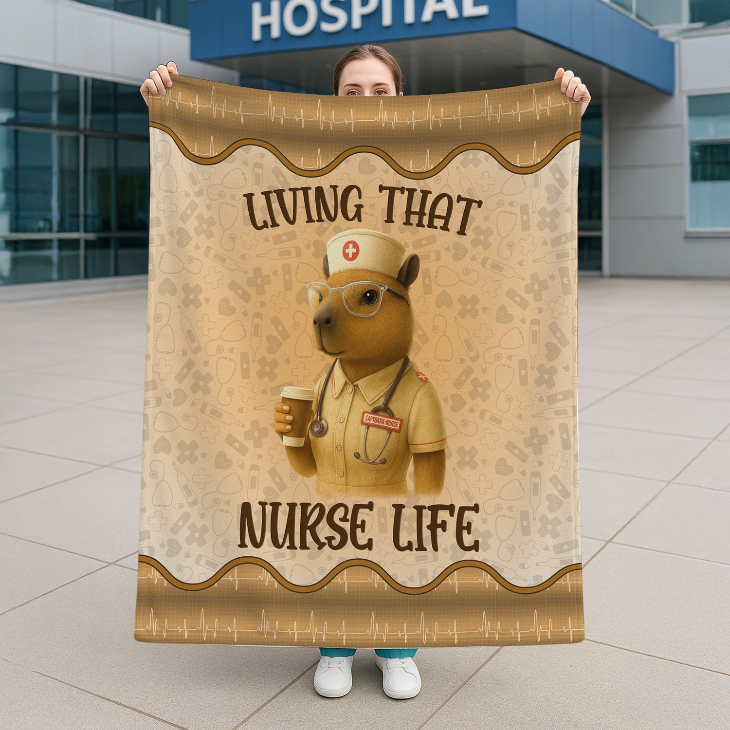 Custom Funny Nurse Capybara Blanket - Coffee & Stethoscope Graphic Design - Gift for RN LPN Healthcare Workers