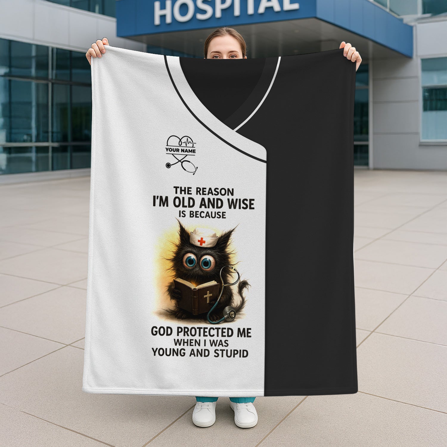 Personalized Nurse Blanket - Hilarious Cat Design with ‰Û÷God Protected Me When I Was Young and Stupid‰Ûª Quote - Custom Name for RN, CNA, LPN Healthcare Workers