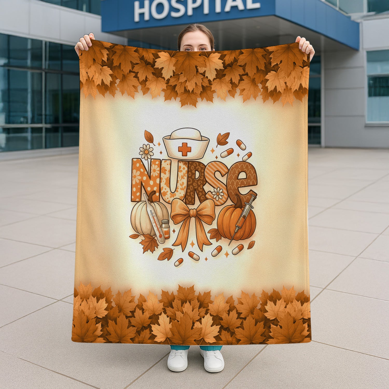 Fall Nurse Blanket with Pumpkins and Leaves - Cozy Autumn Throw for RN CNA LPN - Personalized Thanksgiving Gift for Medical Workers