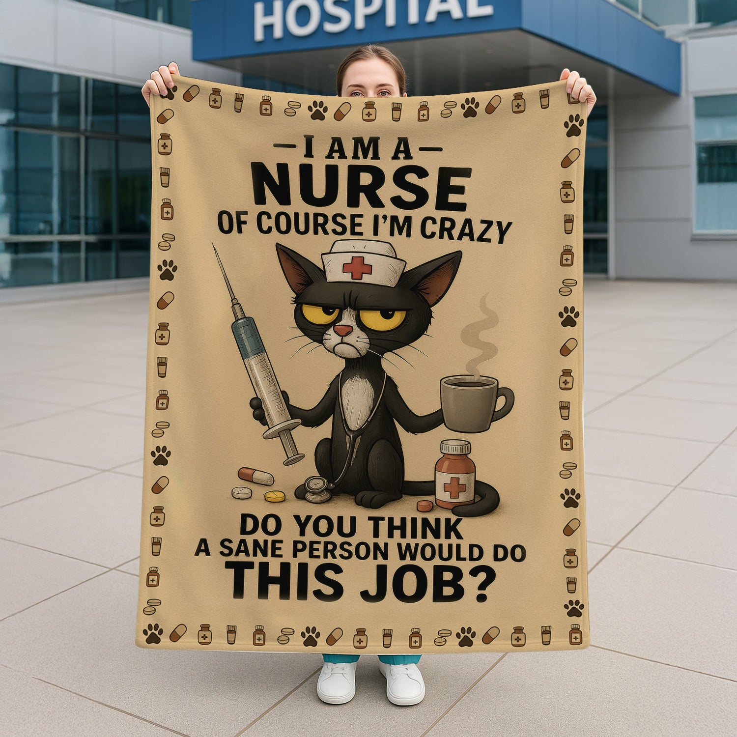Personalized Crazy Nurse Blanket - Cute Black Cat in Scrubs with Stethoscope & Coffee Graphic - Gift Idea for Registered Nurses CNA LPN