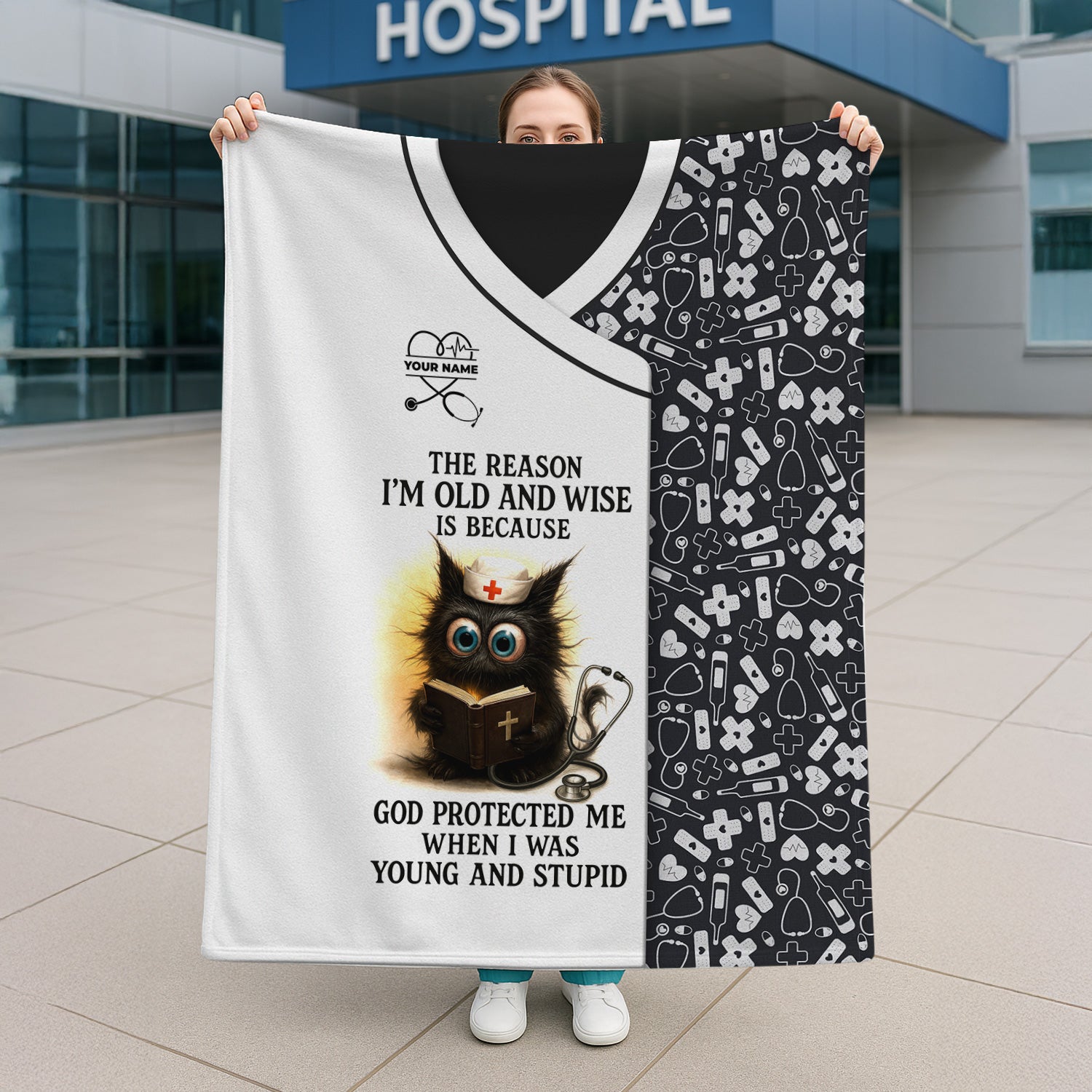 Custom Name Funny Nurse Blanket for RN LPN CNA - Wise Black Cat Cartoon with Bible and Stethoscope - Healthcare Gift for Medical Workers