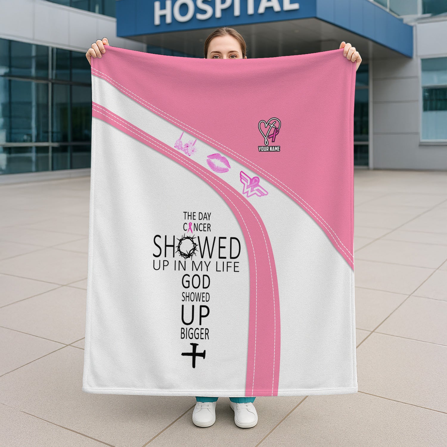Personalized Christian Breast Cancer Blanket - God Showed Up Bigger Faith Quote - Gift for Women RN LPN CNA