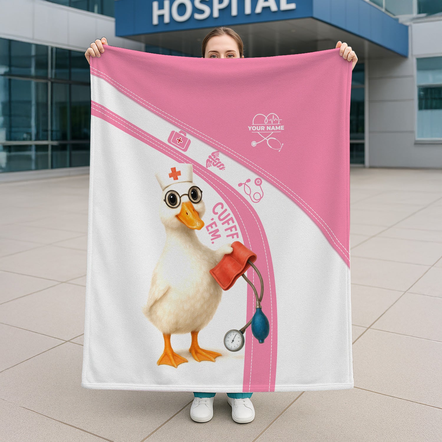 Personalized Funny Nurse Blanket - Duck Nurse with Blood Pressure Cuff Design - Custom Name Gift for RN LPN CNA Doctors and Medical Staff